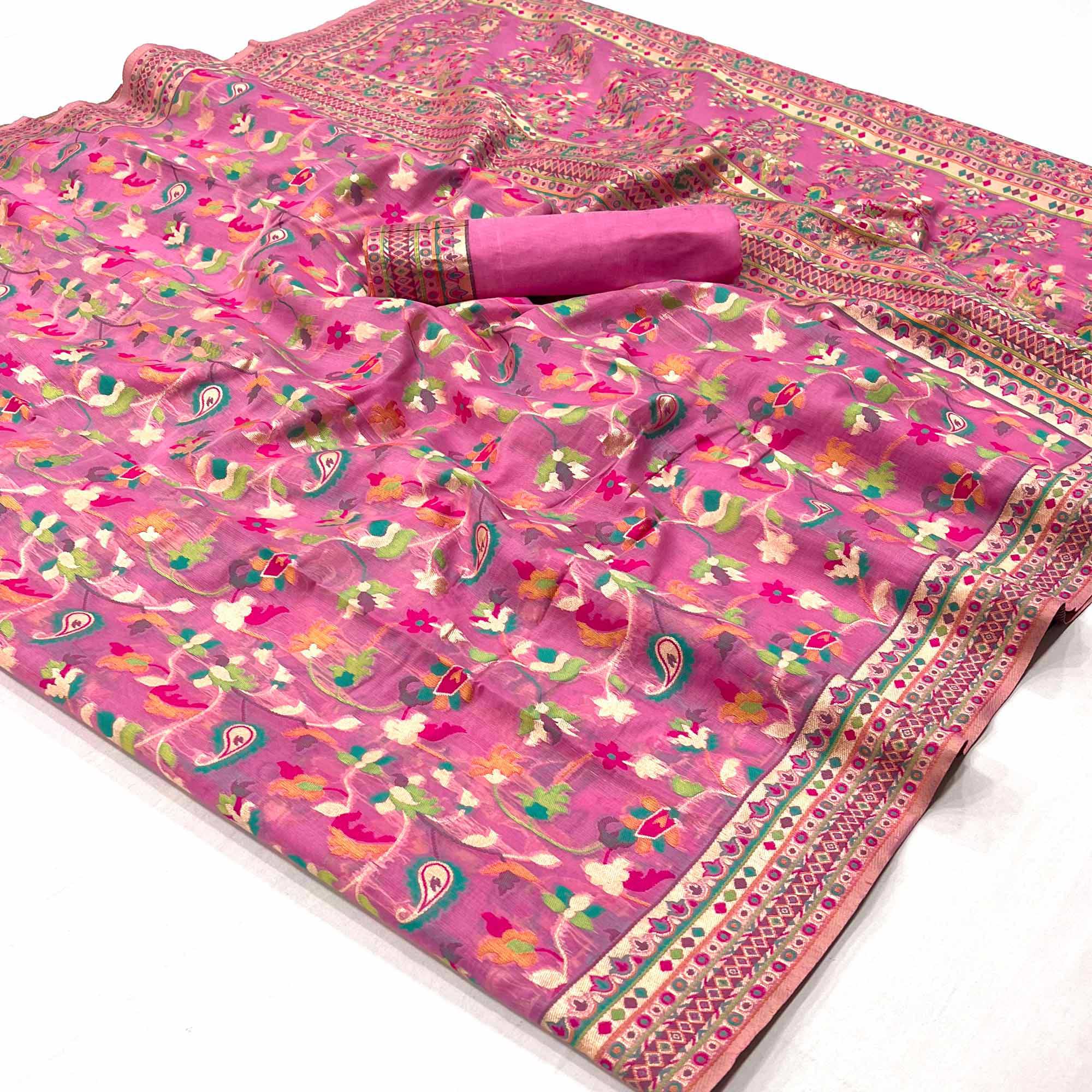 Pink Floral Woven Cotton Blend Saree