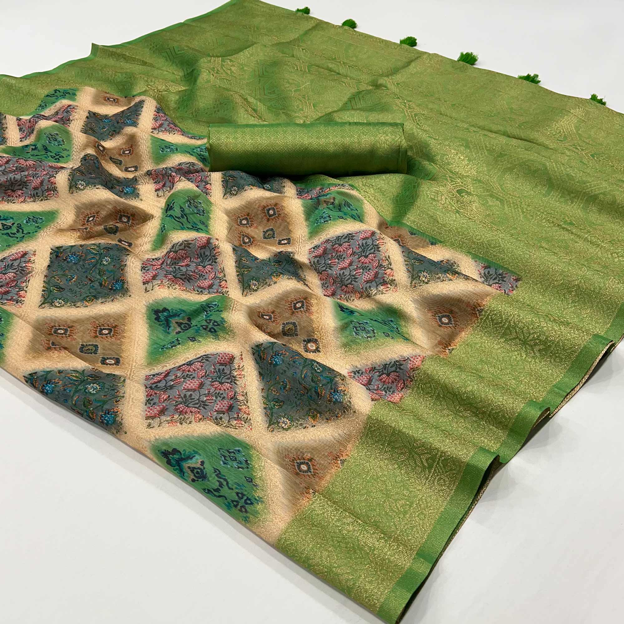Green Woven With Floral Digital Printed Cotton Saree