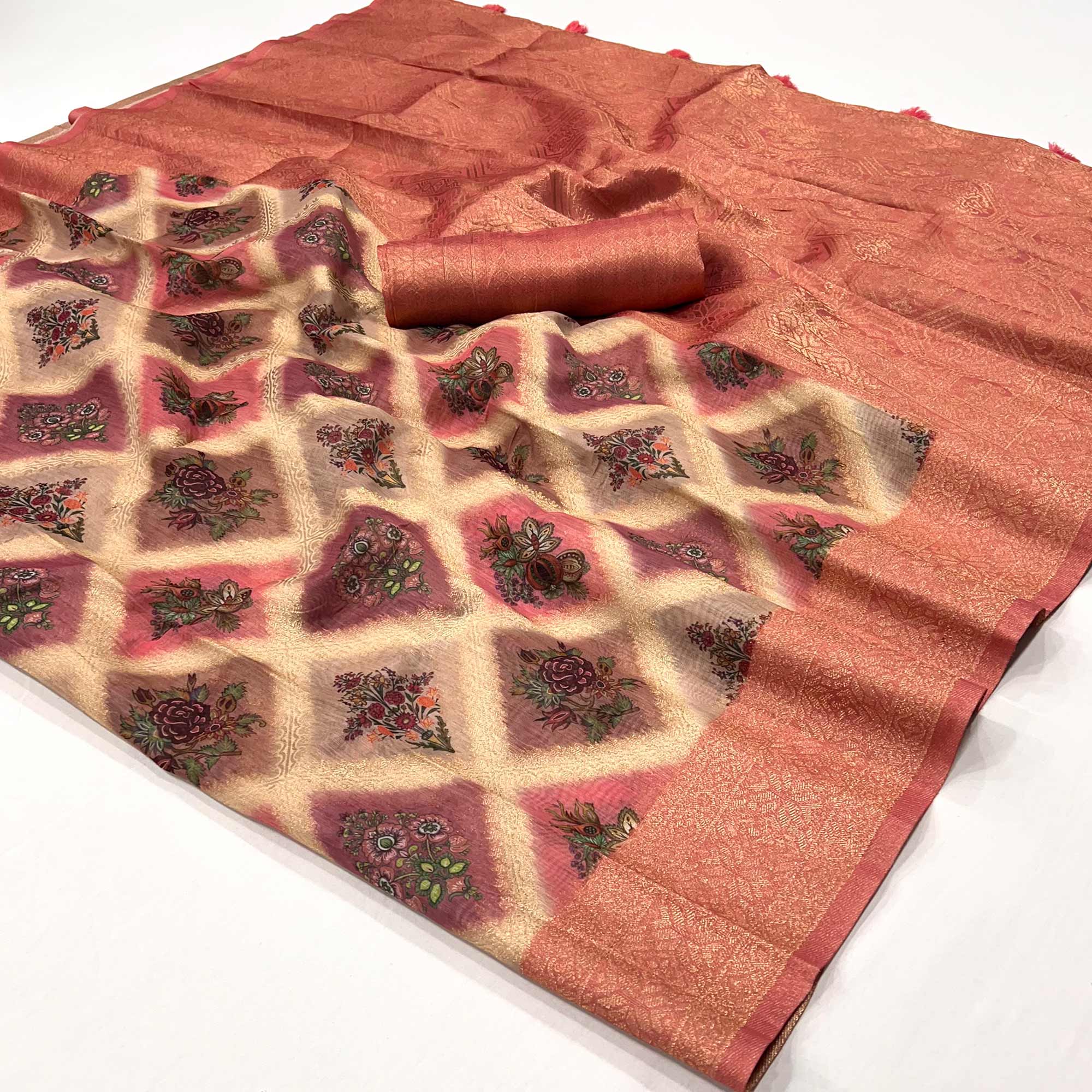 Peach Woven With Floral Digital Printed Cotton Saree