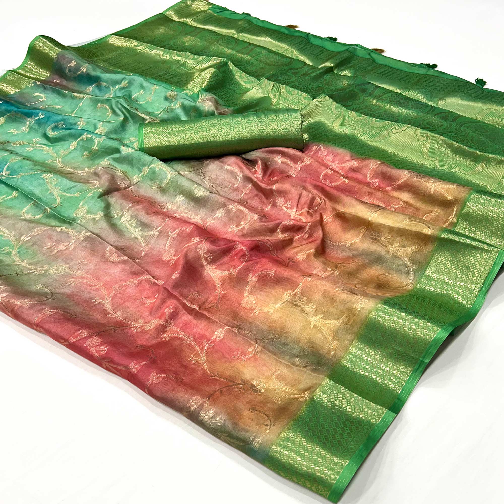 Green Floral Woven With Digital Printed Georgette Saree