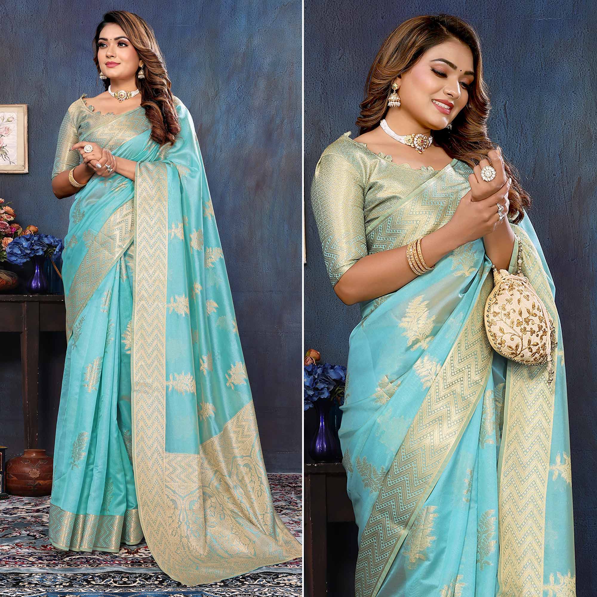 Blue Floral Woven Organza Saree