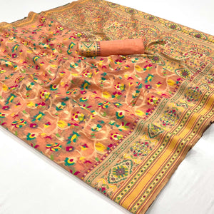 Peach Floral Woven Cotton Blend Saree