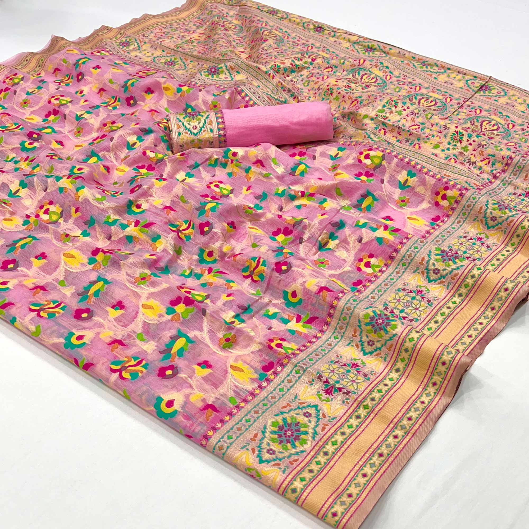 Pink Floral Woven Cotton Blend Saree