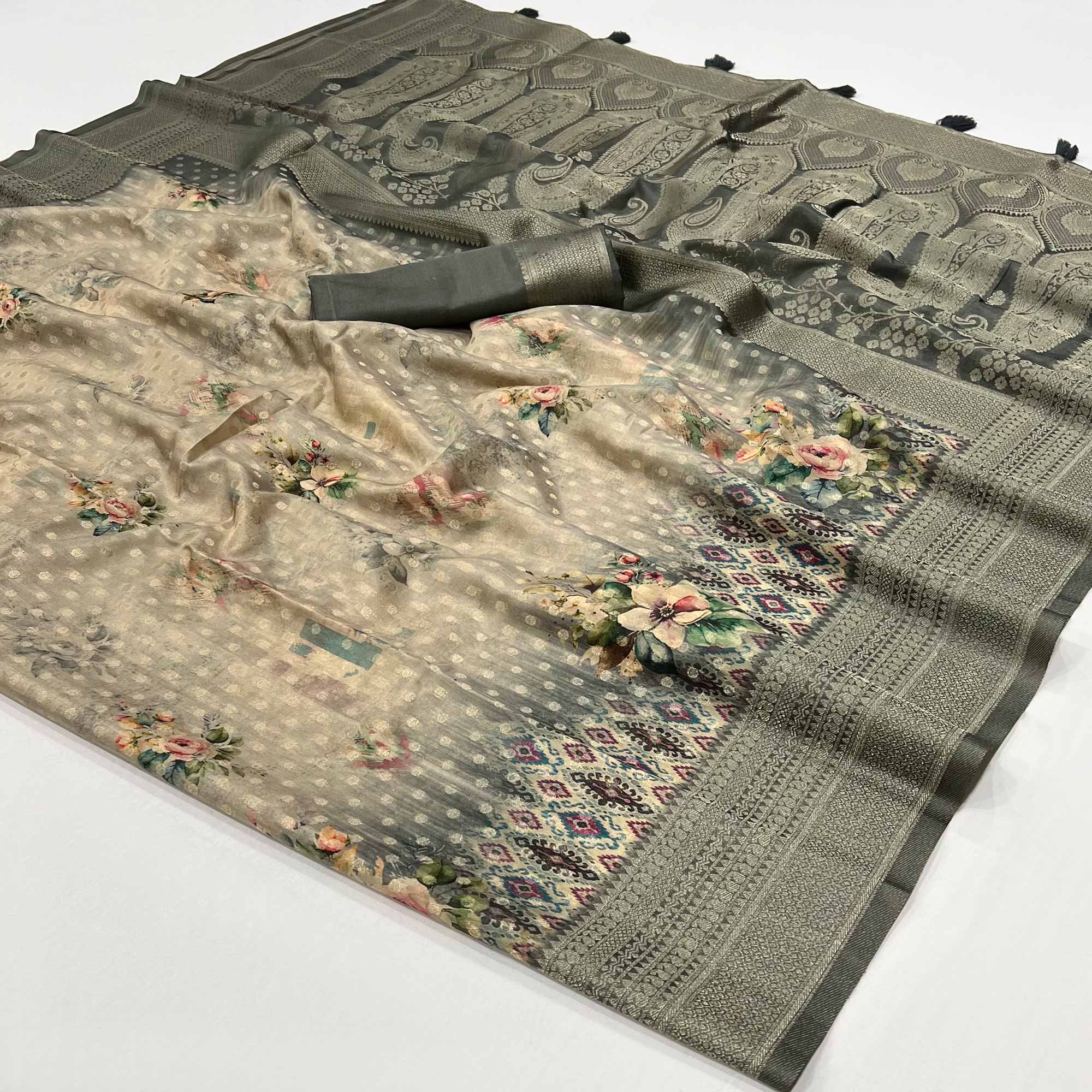 Grey Woven With Floral Digital Printed Georgette Saree