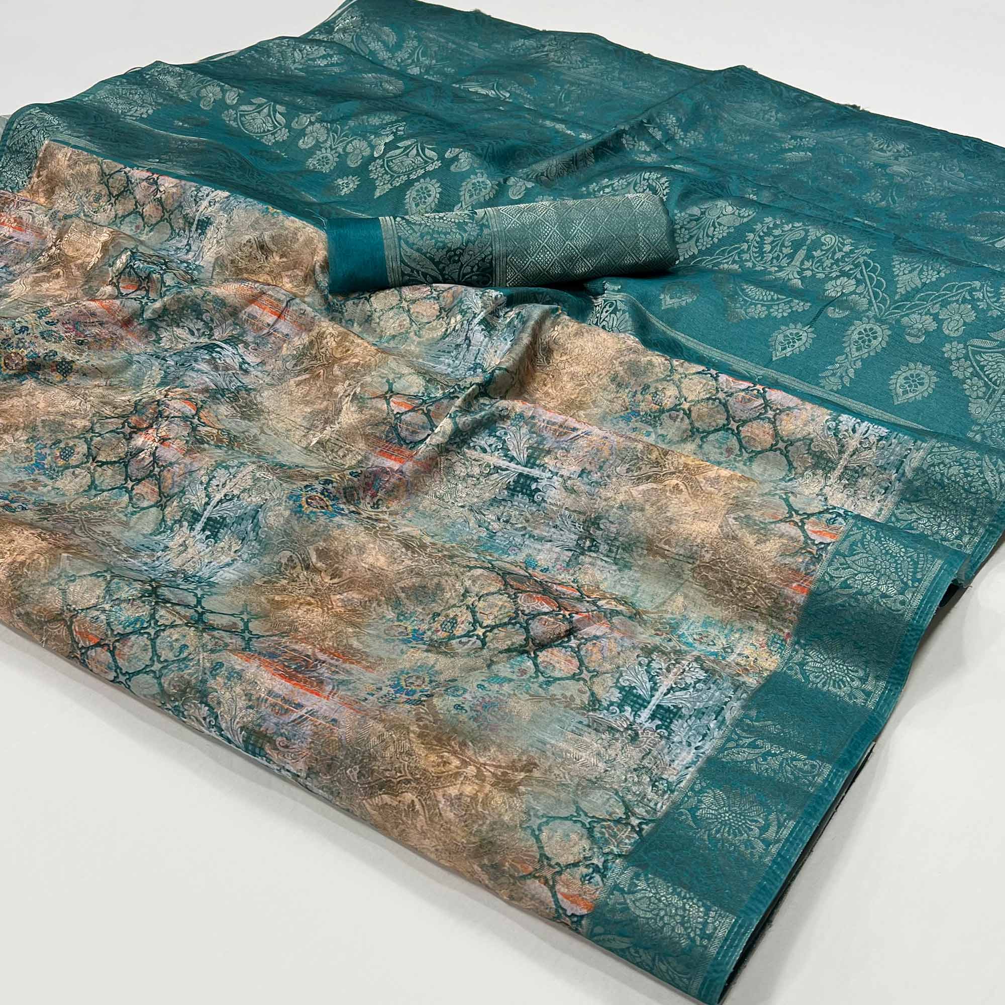 Teal Woven With Digital Printed Art Silk Saree