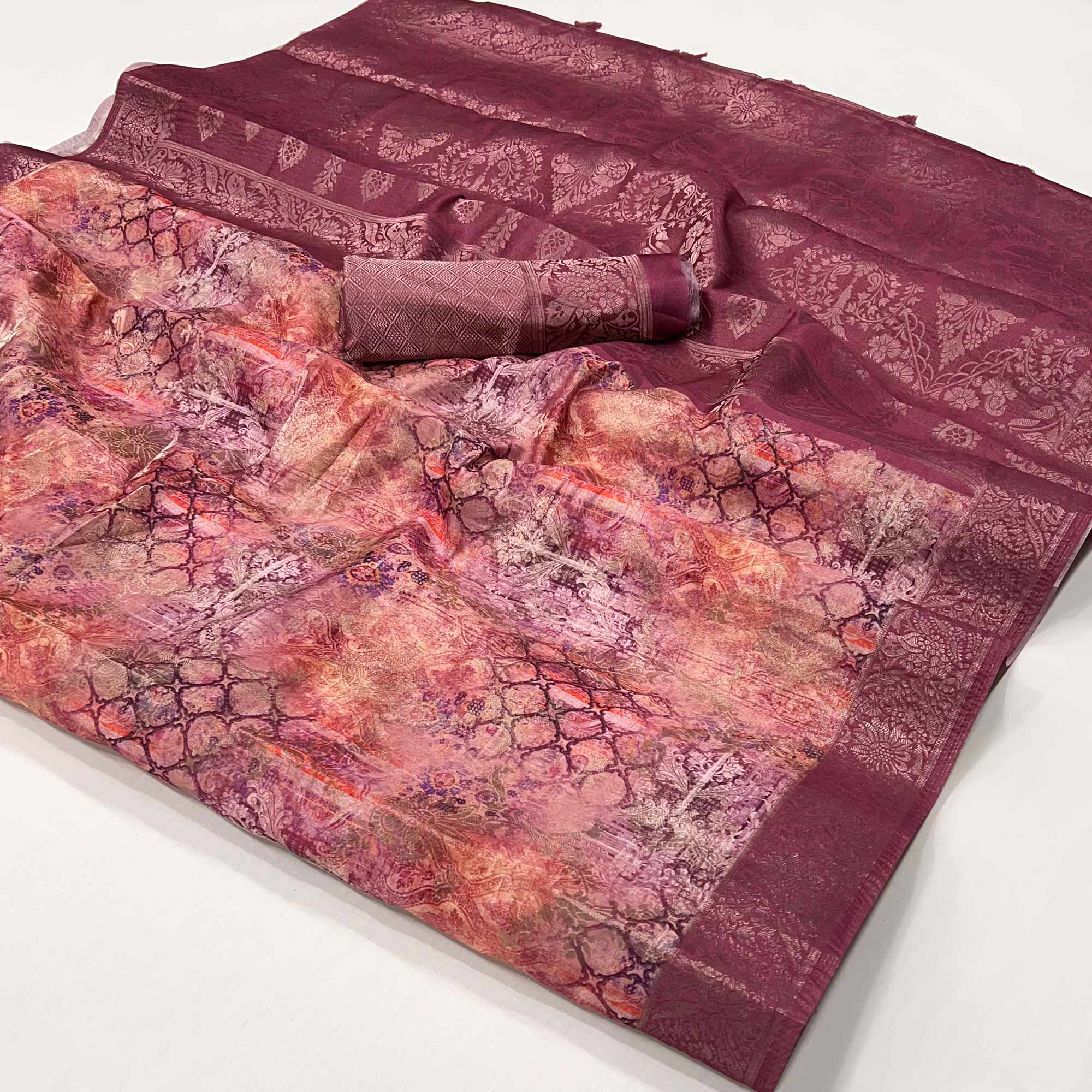 Pink Woven With Digital Printed Art Silk Saree