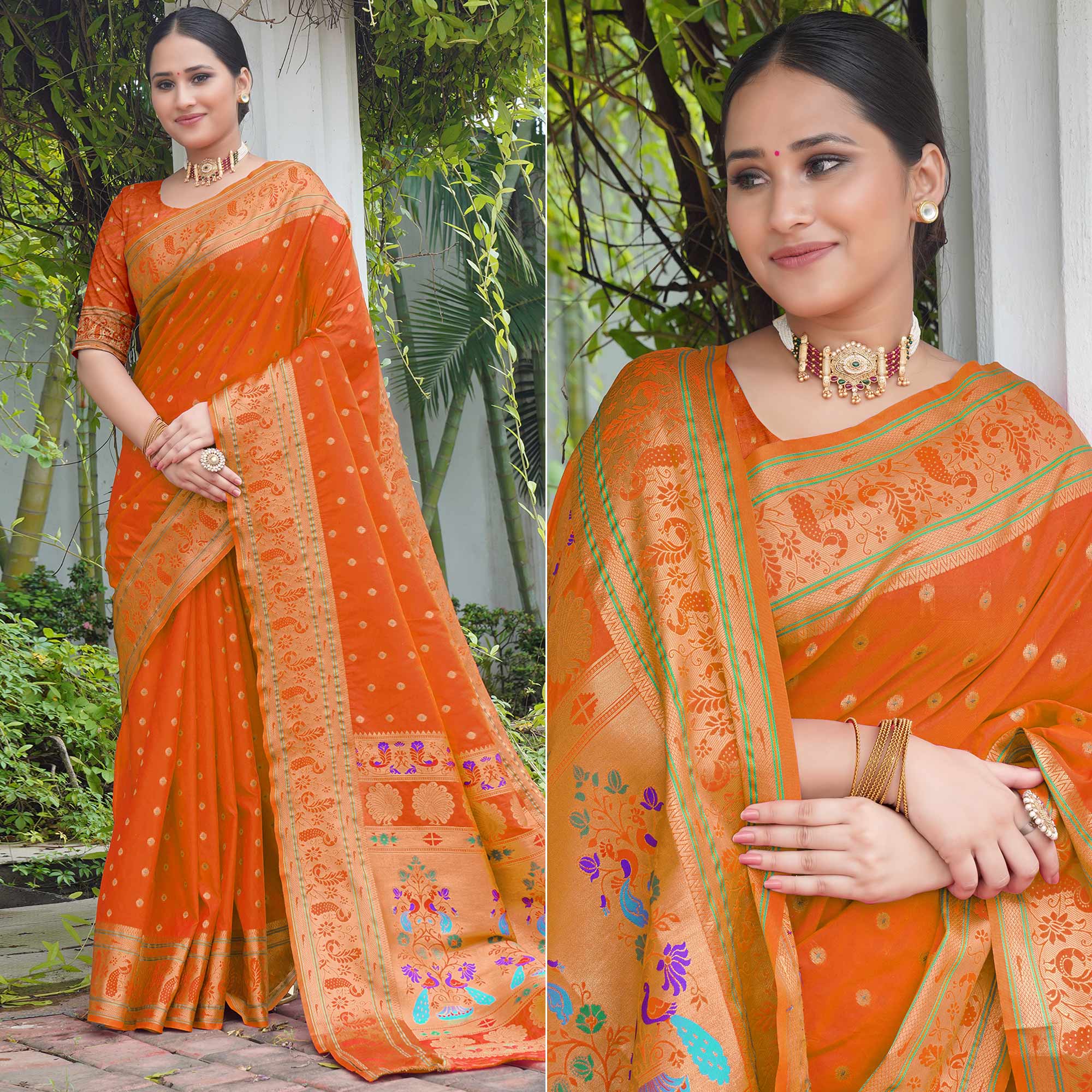 Orange Woven Paithani Art Silk Saree