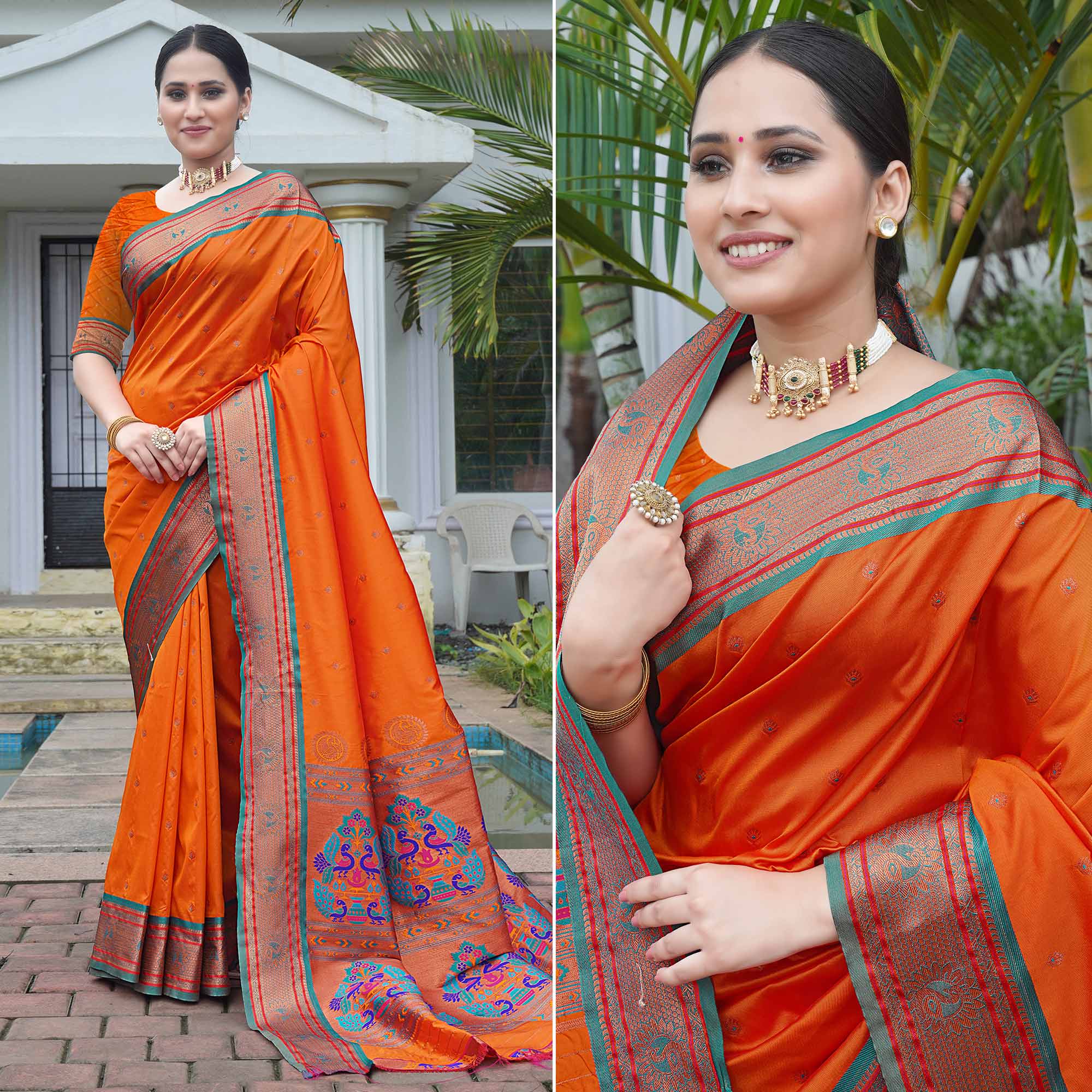 Orange Woven Paithani Art Silk Saree