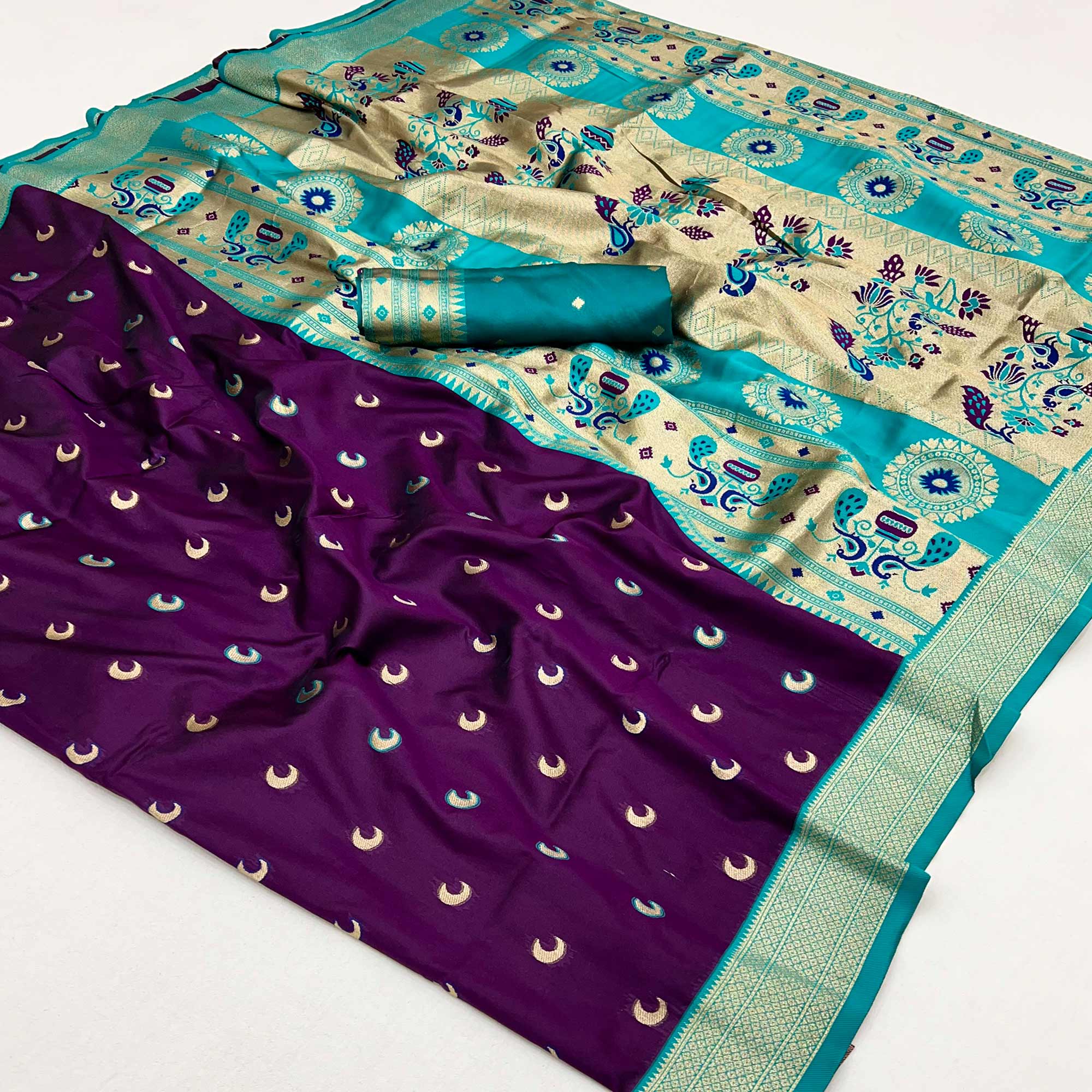 Wine & Rama Blue Woven Pure Silk Paithani Saree