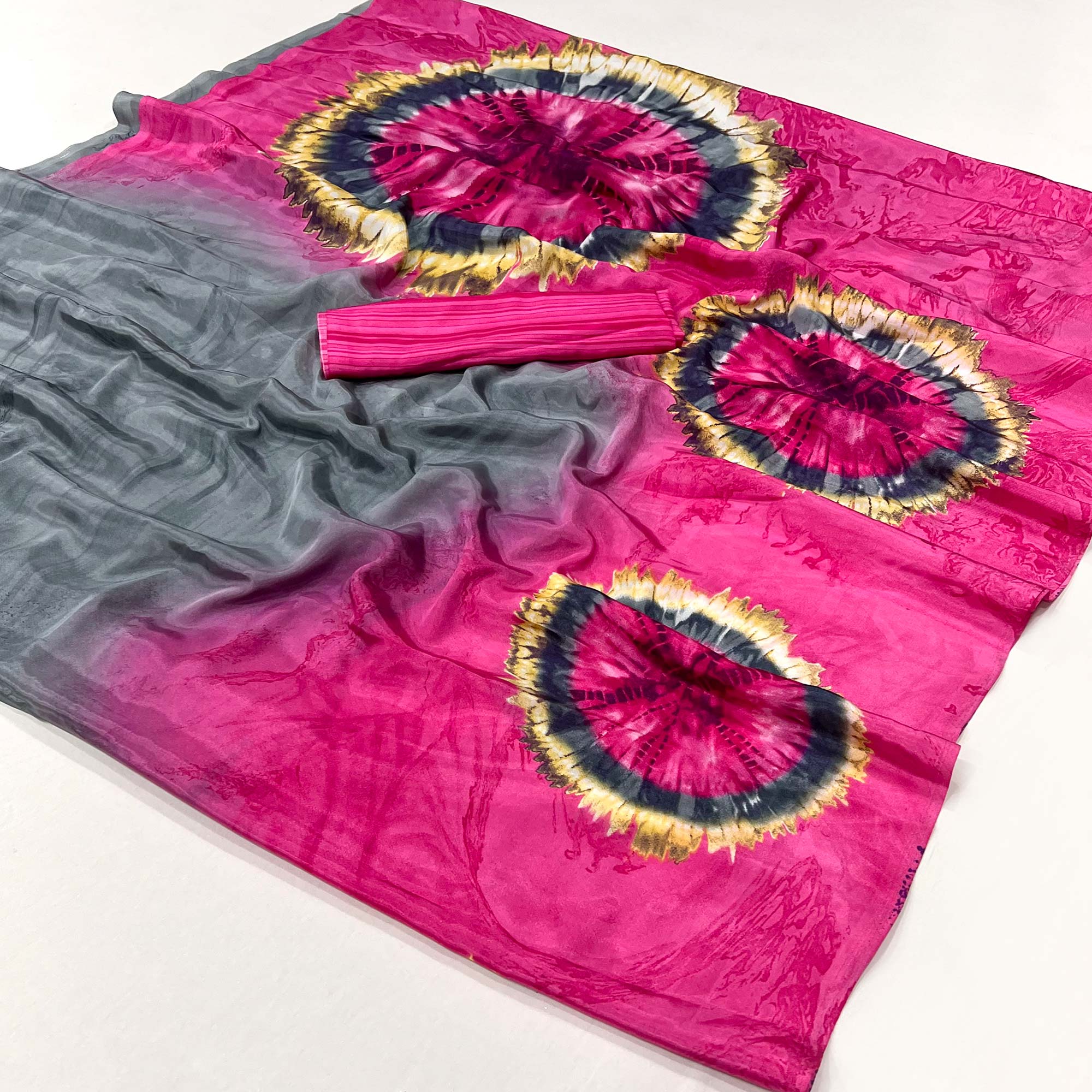 Grey & Pink Printed Crepe Silk Saree