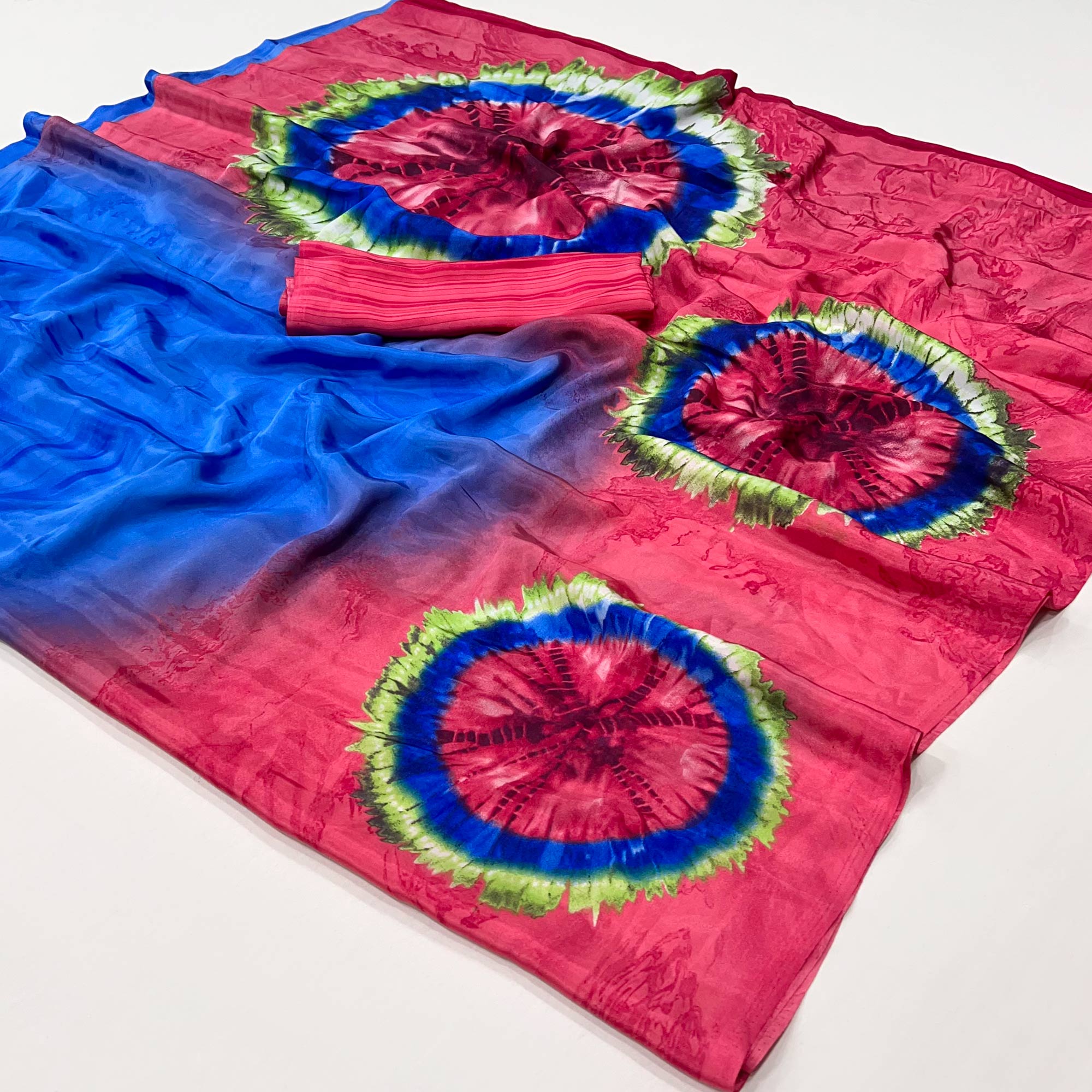 Blue & Pink Printed Crepe Silk Saree