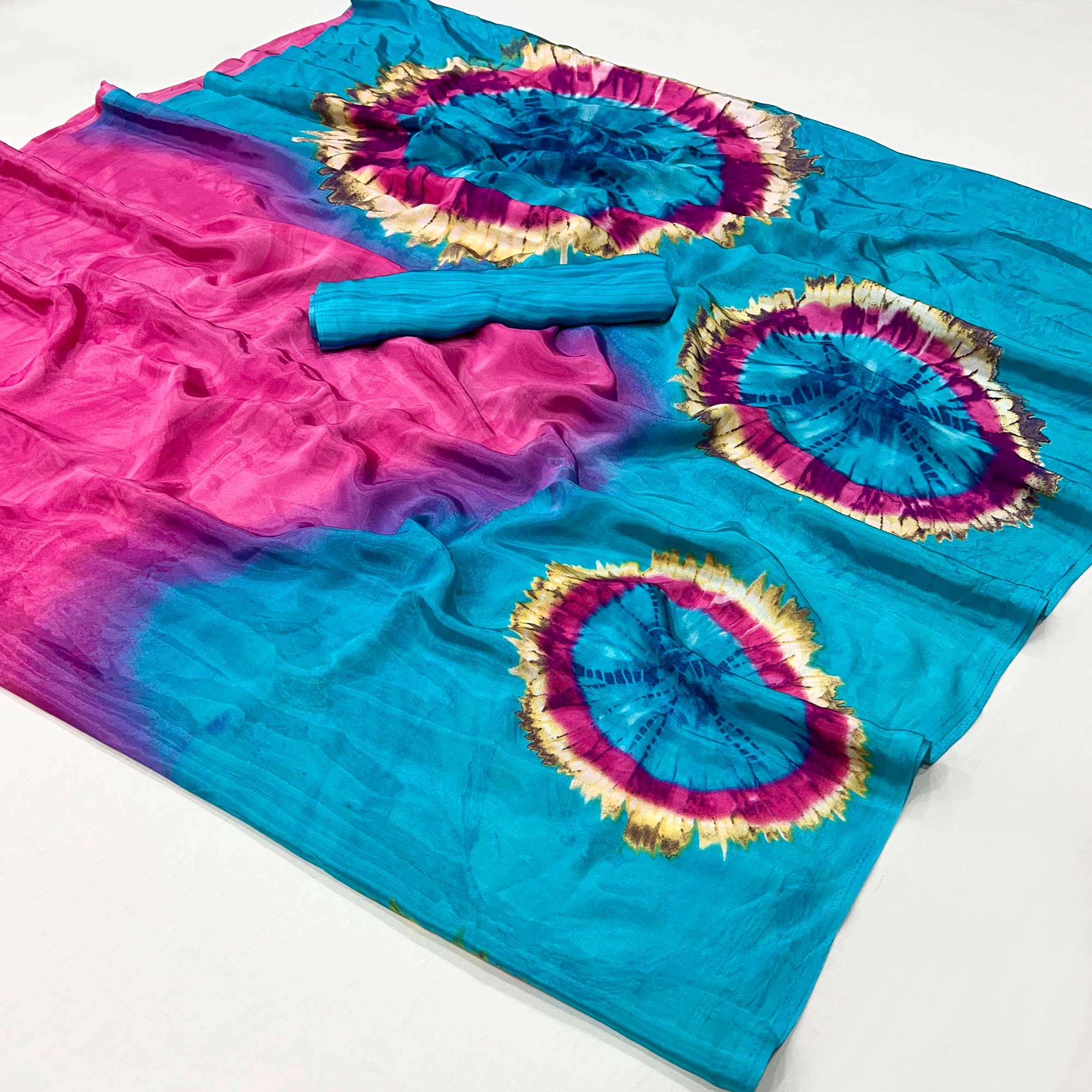 Turquoise & Pink Printed Crepe Silk Saree