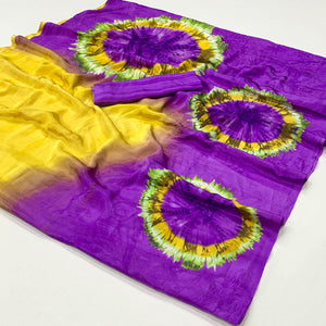 Purple & Yellow Printed Crepe Silk Saree