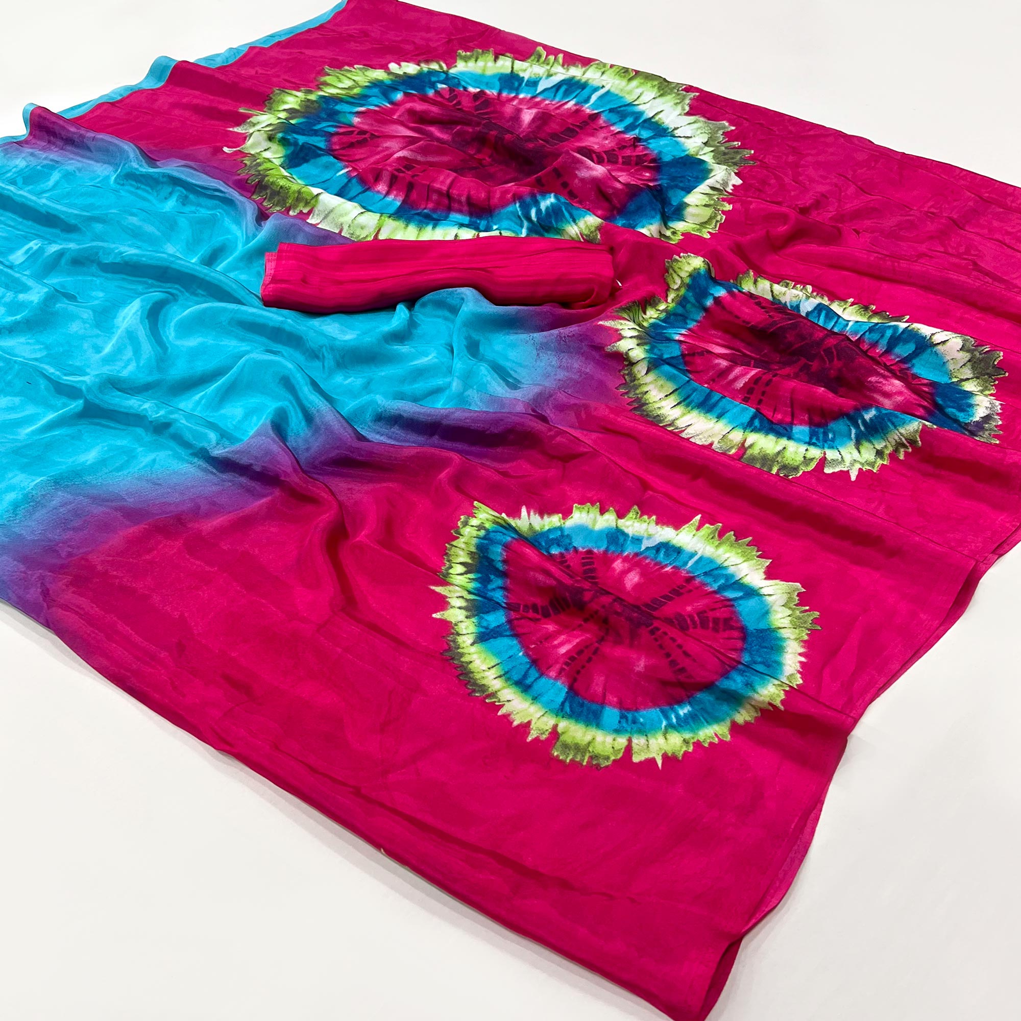 Blue & Pink Printed Crepe Silk Saree