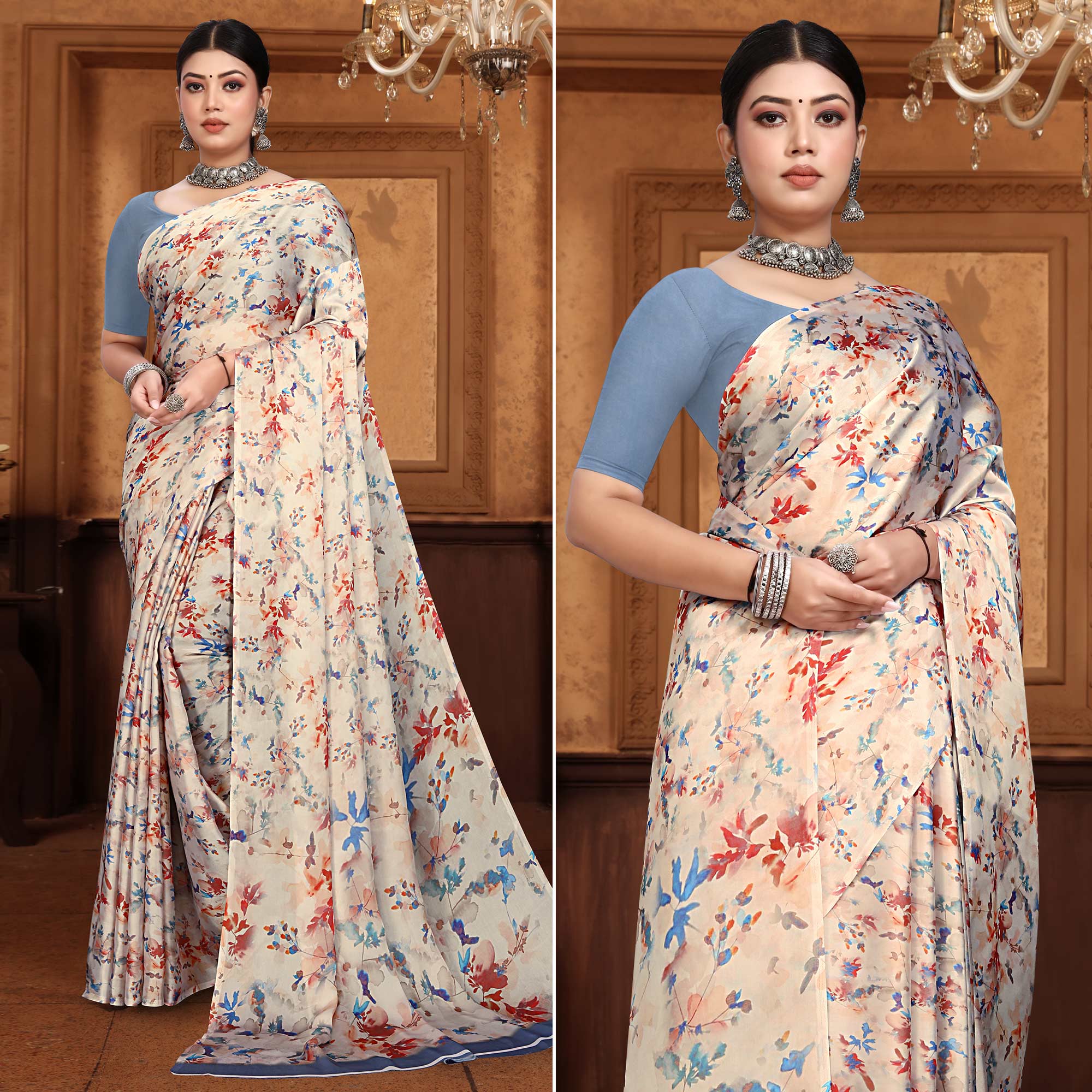 Cream Floral Digital Printed Georgette Saree