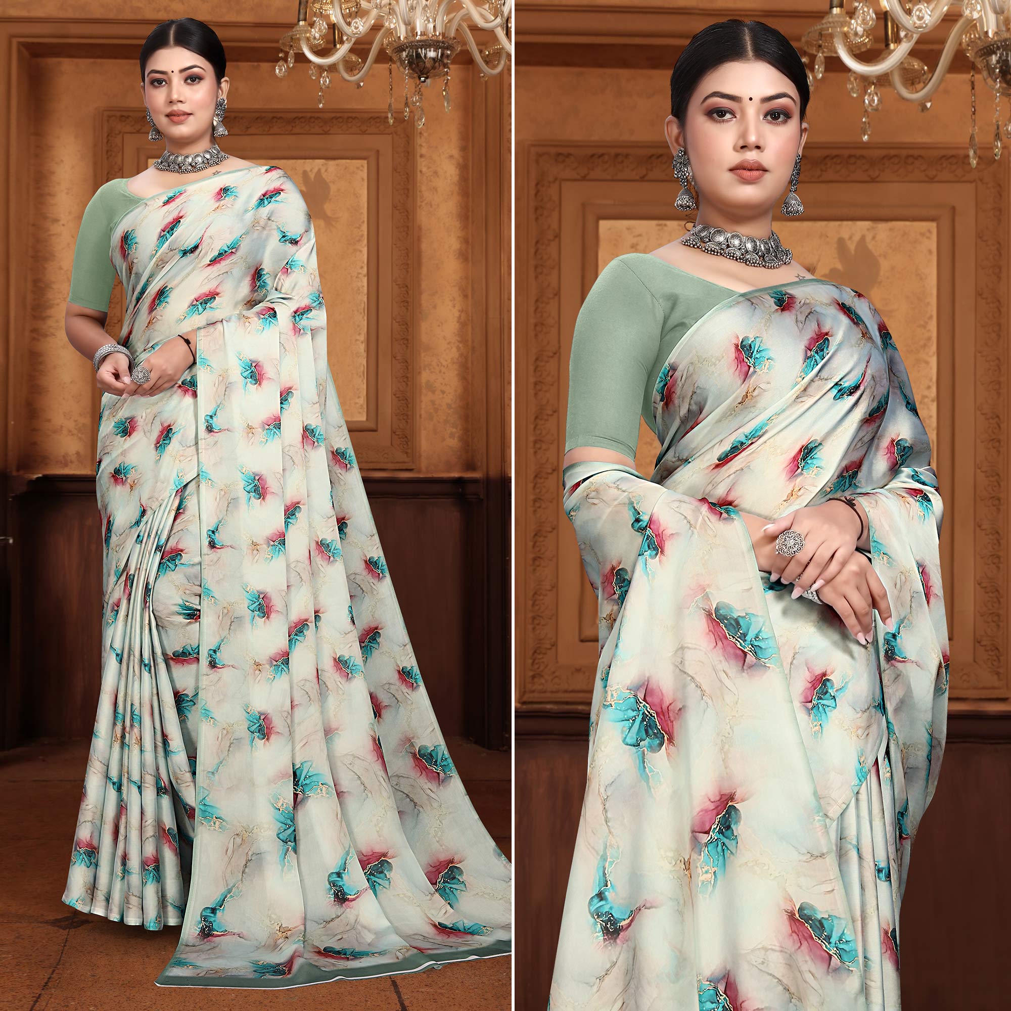 Cream Digital Printed Georgette Saree