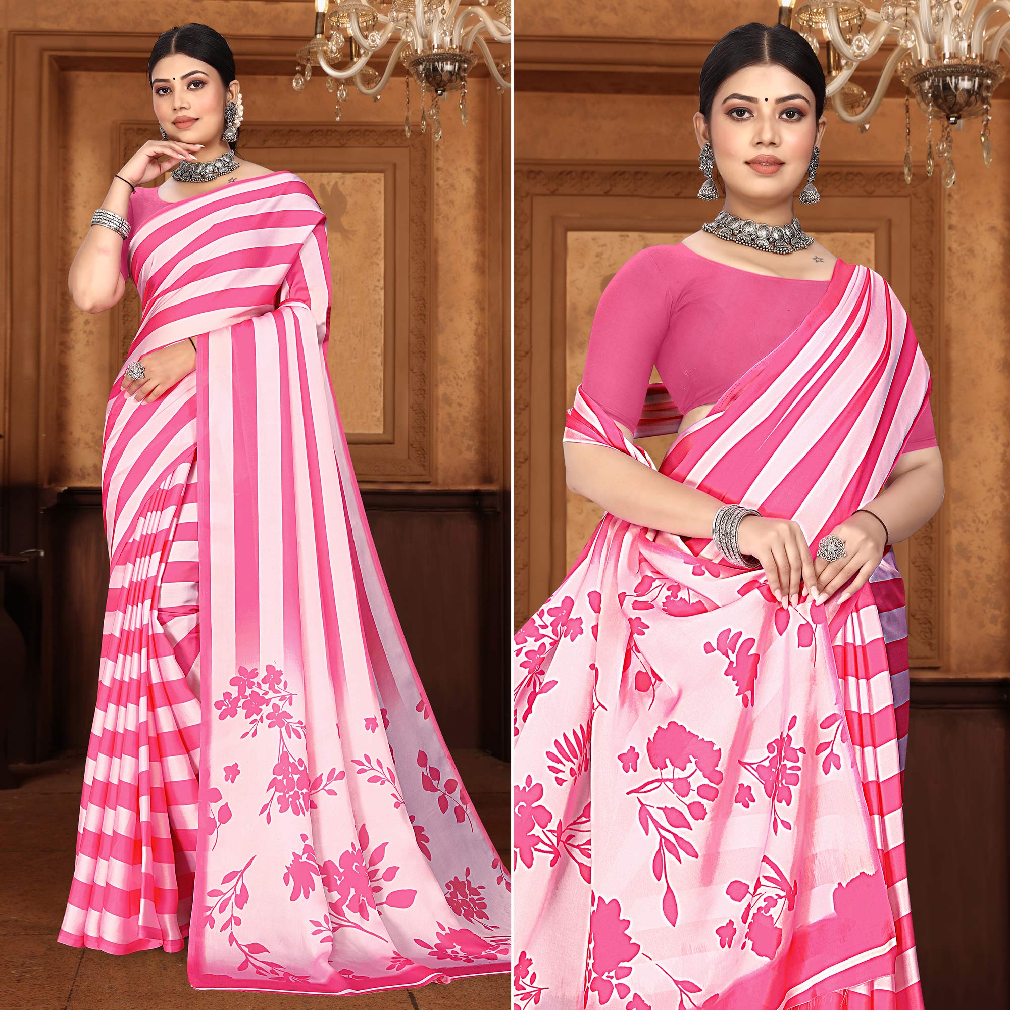 Pink Striped Digital Printed Georgette Saree