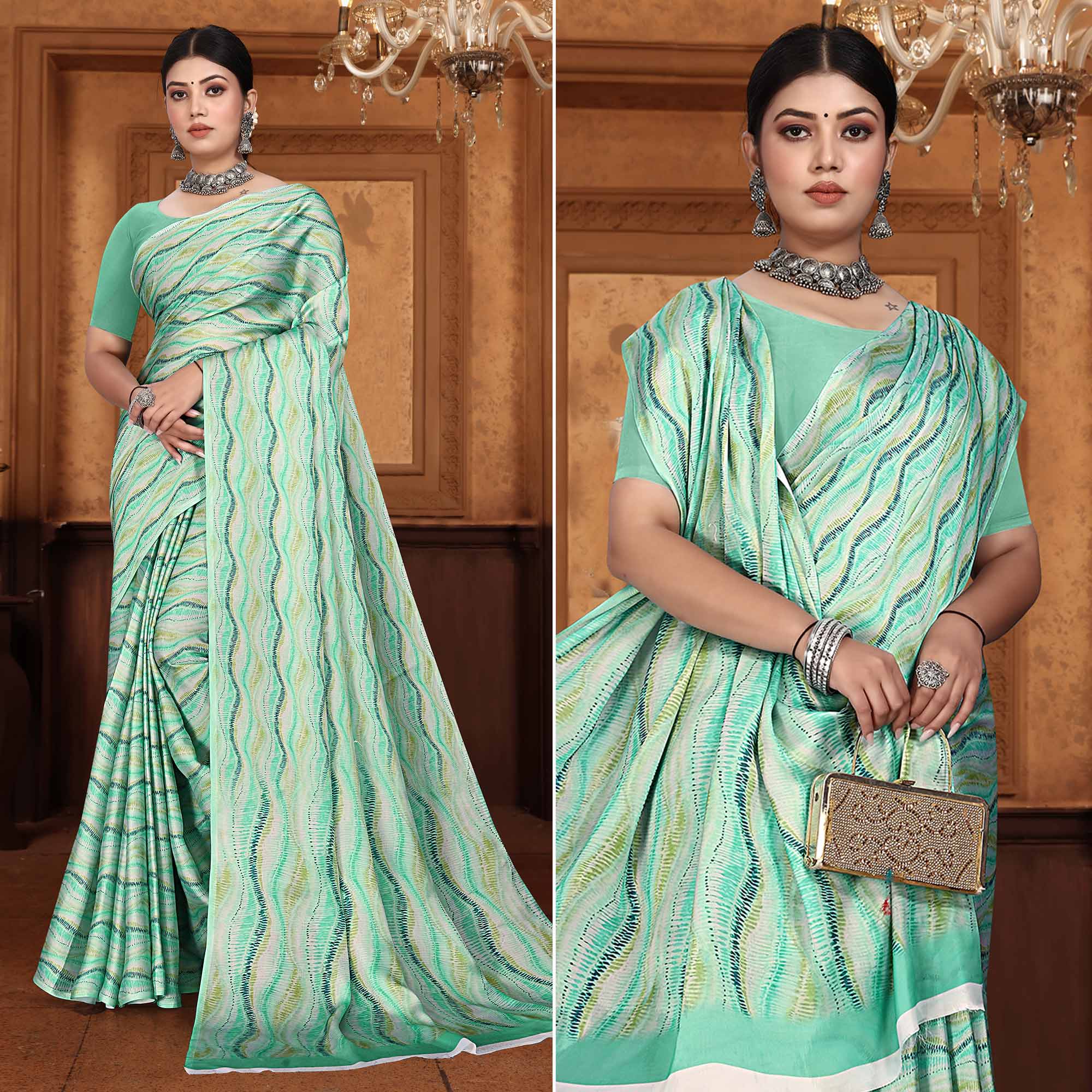 Green Zig Zag  Digital Printed Georgette Saree