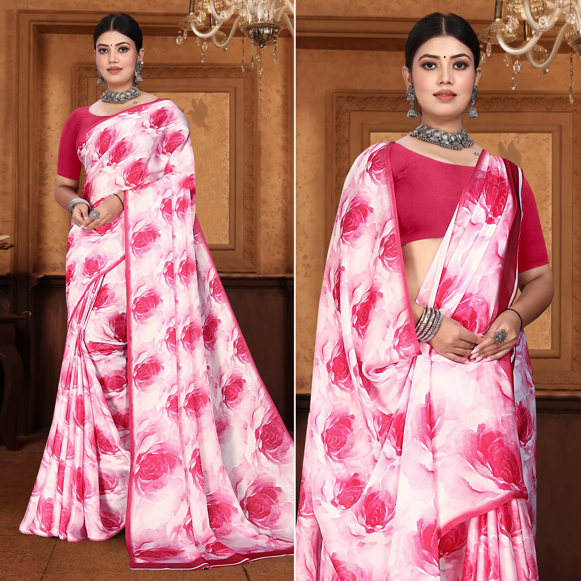 Pink Floral Digital Printed Georgette Saree