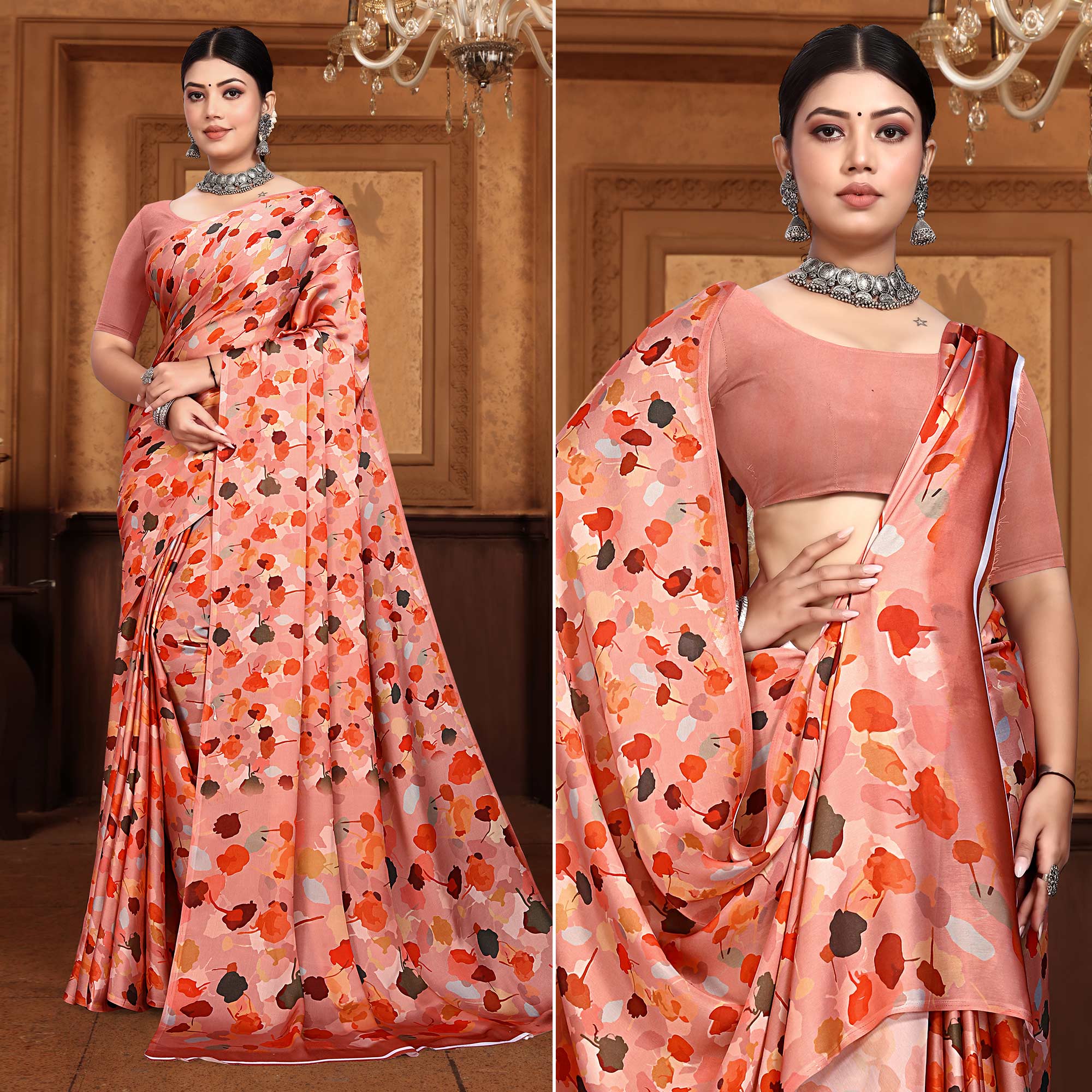 Peach Floral Digital Printed Georgette Saree