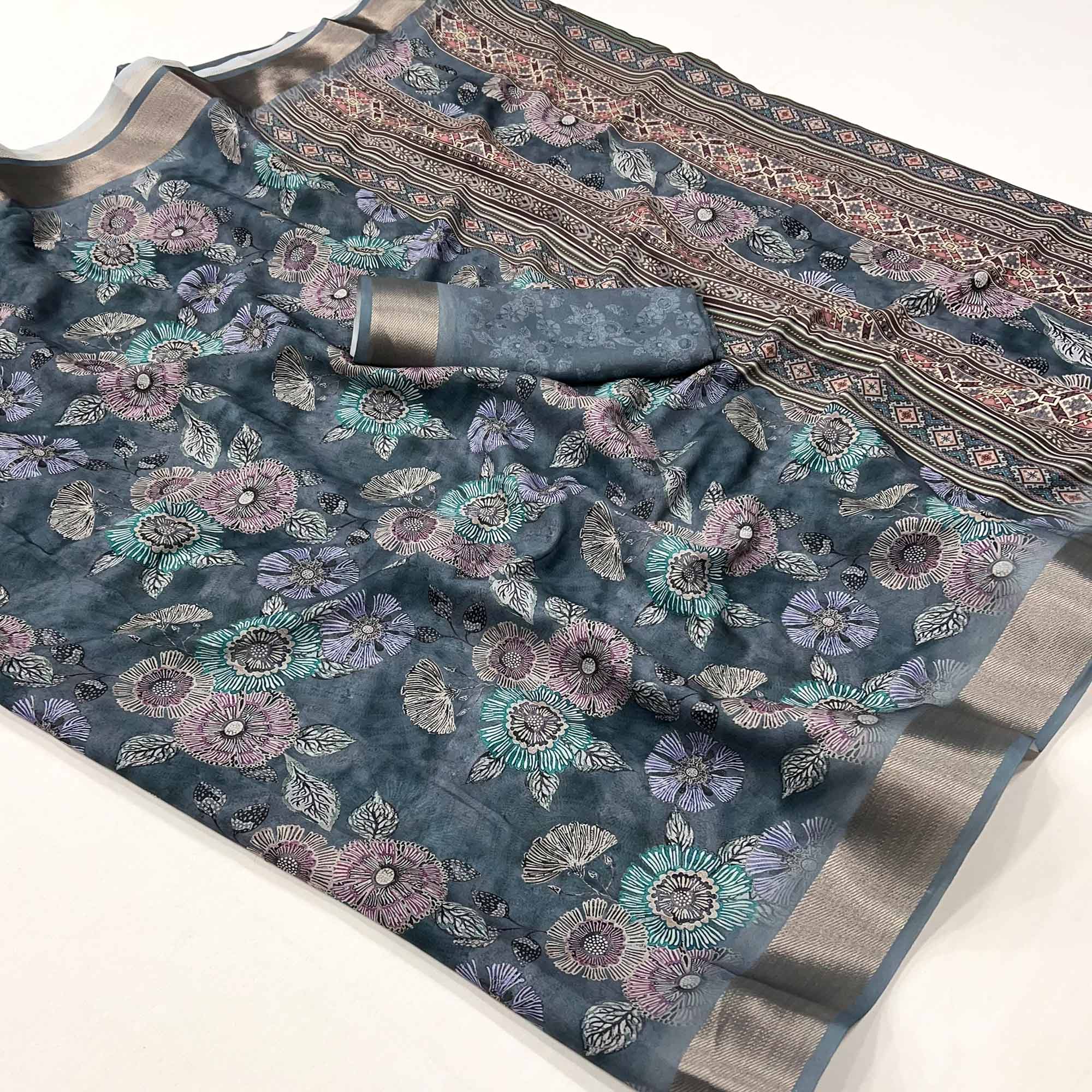Grey Floral Digital Printed Moss Georgette Saree With Zari Border
