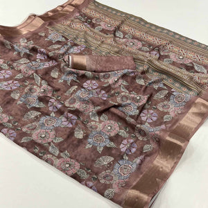 Brown Floral Digital Printed Moss Georgette Saree With Zari Border