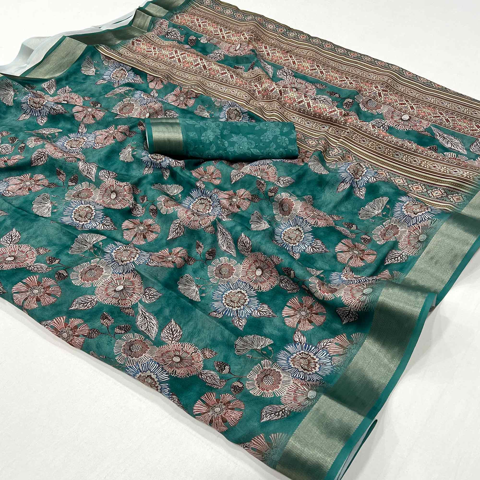 Rama Green Floral Digital Printed Moss Georgette Saree With Zari Border