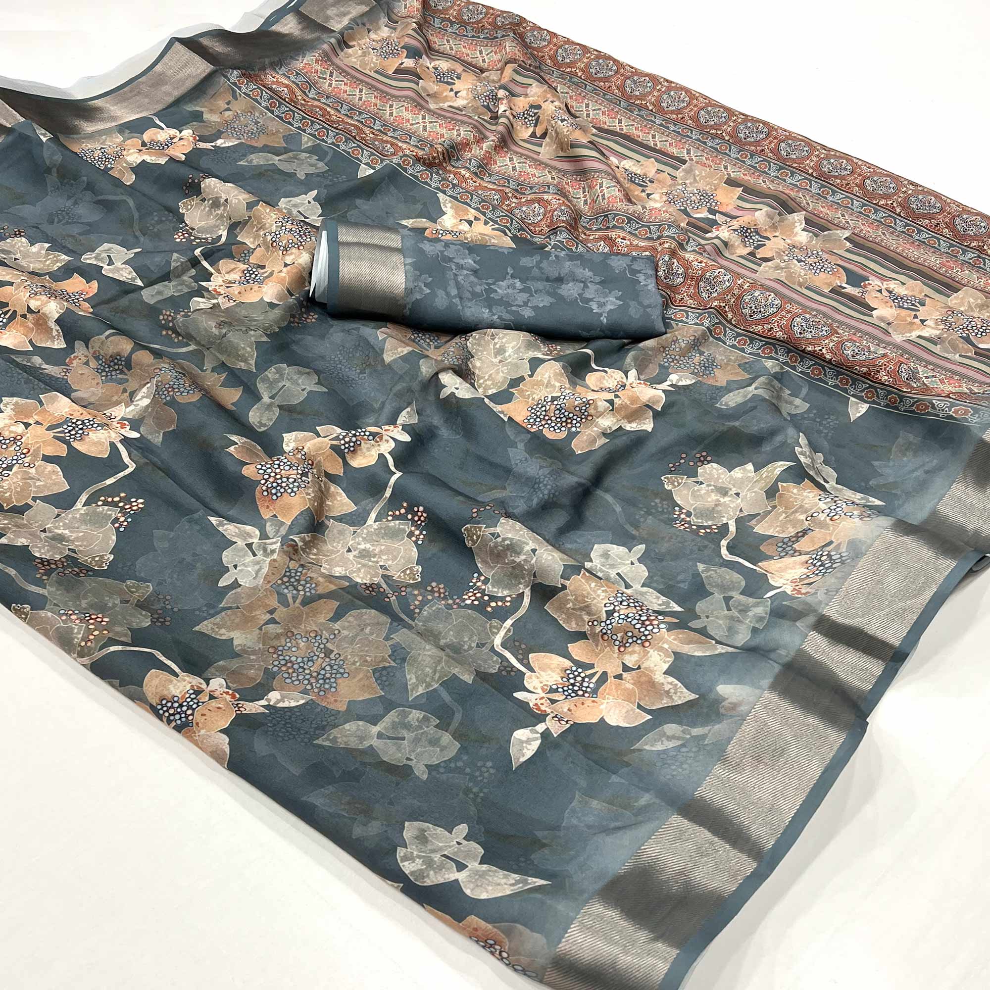 Grey Floral Digital Printed Moss Georgette Saree With Zari Border