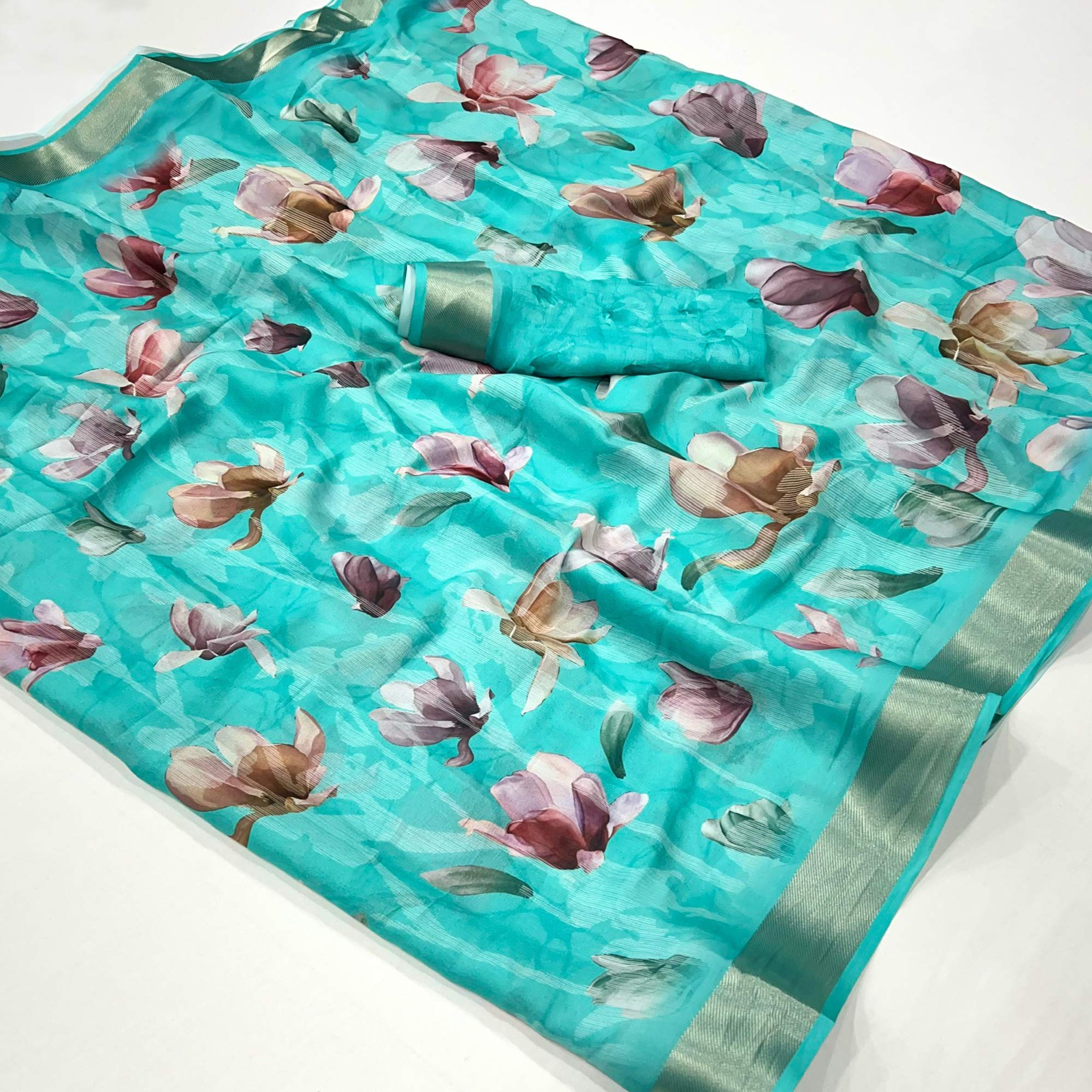 Turquoise Floral Digital Printed Moss Georgette Saree With Zari Border