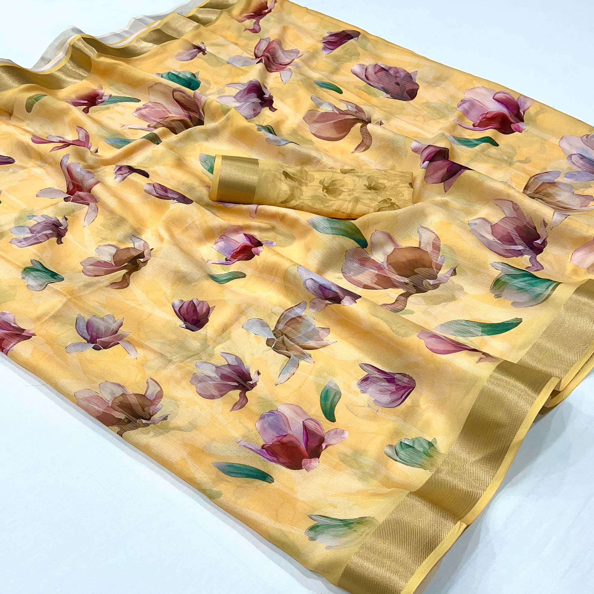 Yellow Floral Digital Printed Moss Georgette Saree With Zari Border