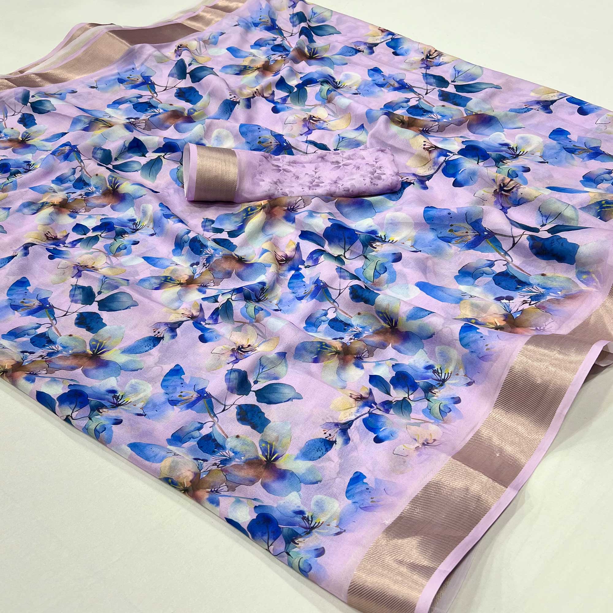 Lavender Floral Digital Printed Moss Georgette Saree With Zari Border