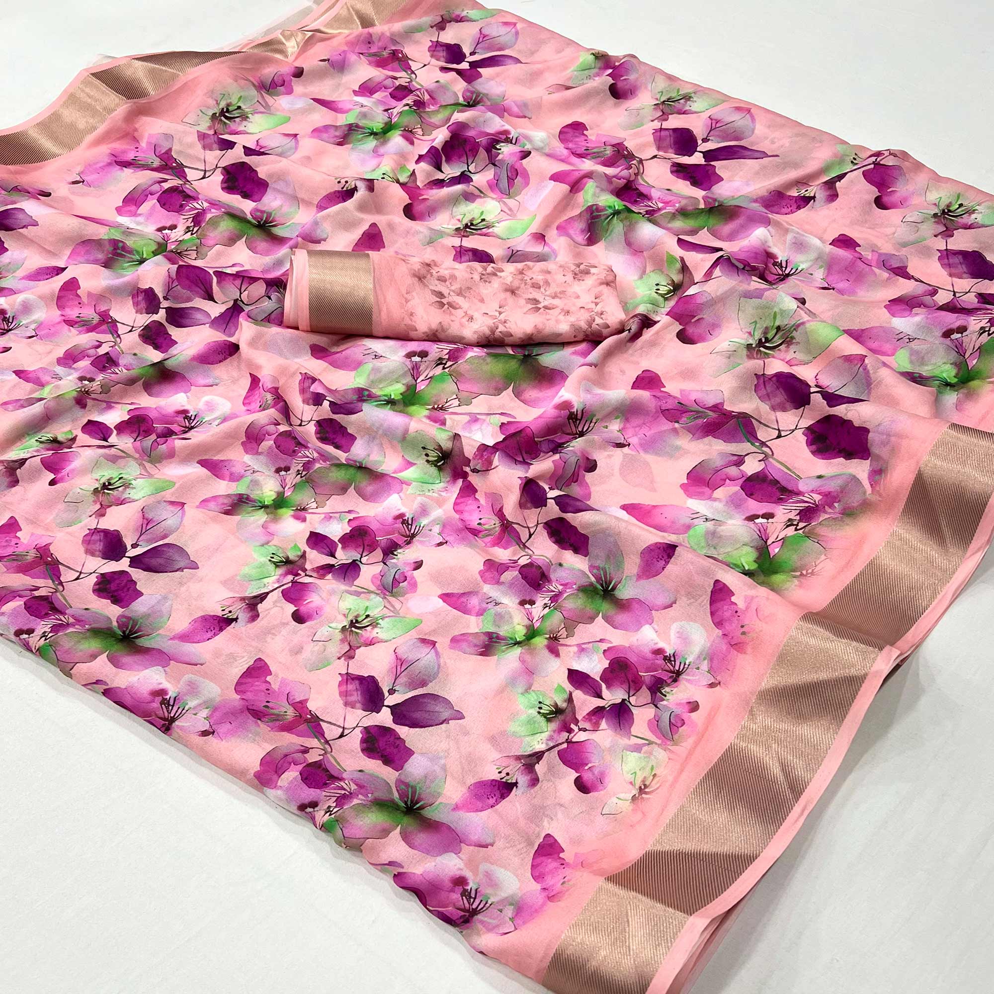 Peach Floral Digital Printed Moss Georgette Saree With Zari Border