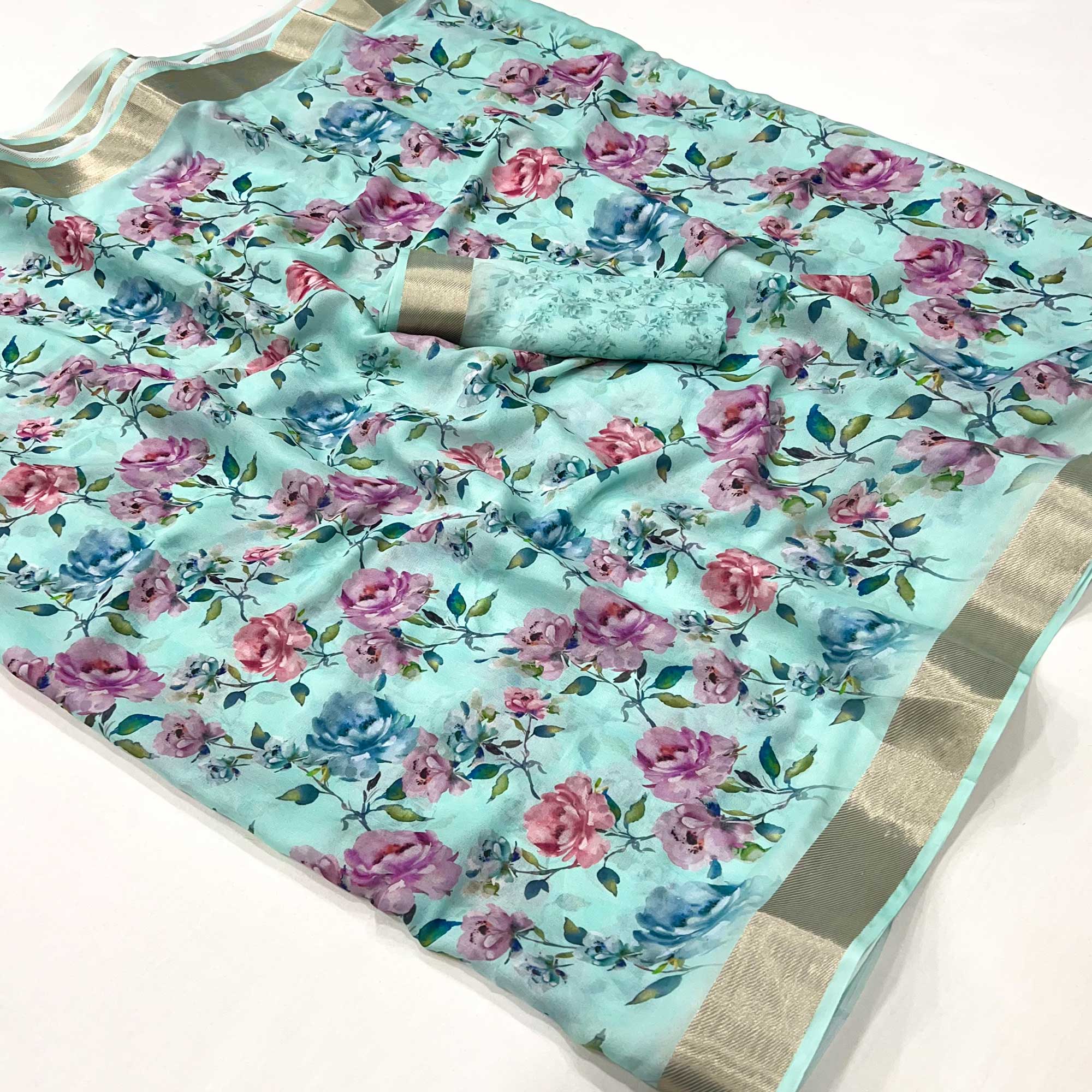 Blue Floral Digital Printed Moss Georgette Saree With Zari Border