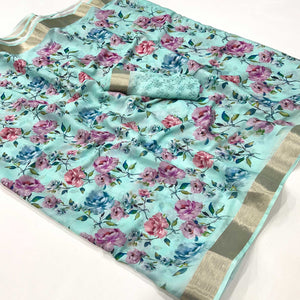 Blue Floral Digital Printed Moss Georgette Saree With Zari Border