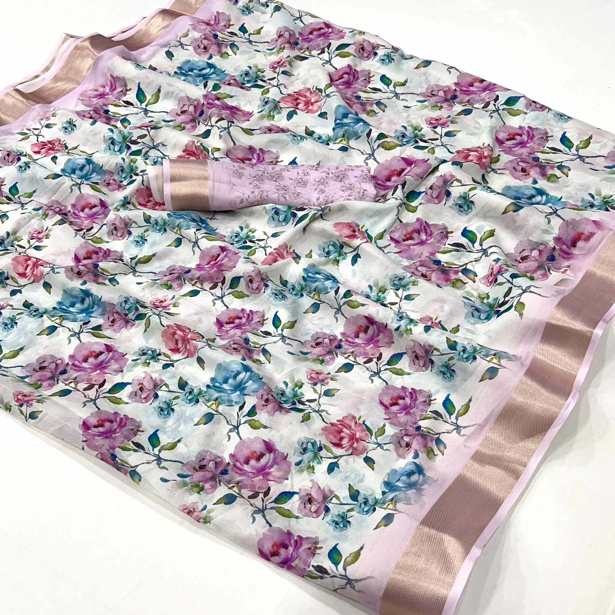 White Floral Digital Printed Moss Georgette Saree With Zari Border