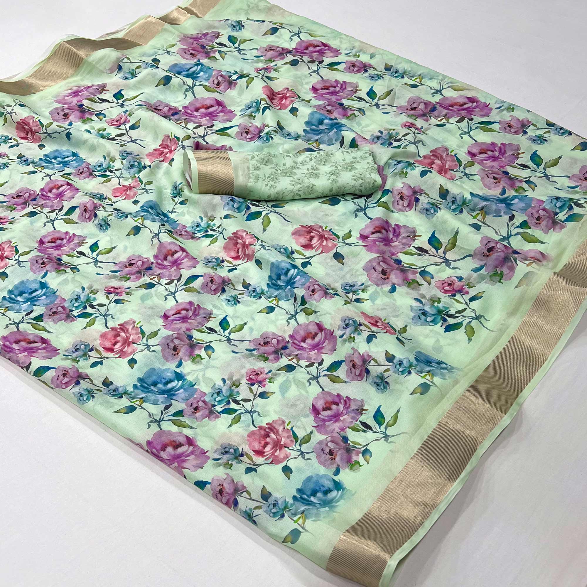 Sea Green Floral Digital Printed Moss Georgette Saree With Zari Border