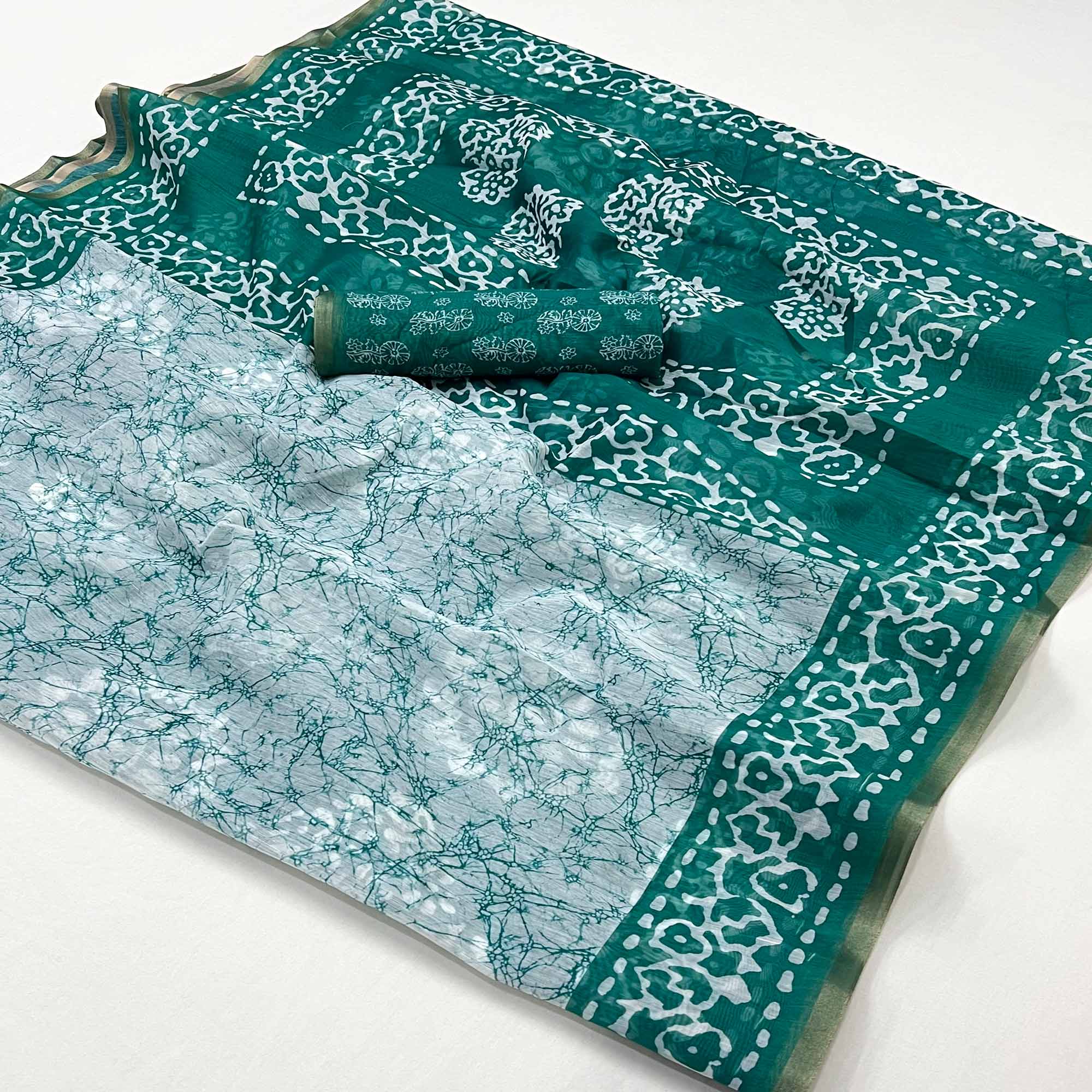 Rama Green Digital Printed Linen Saree With Zari Border