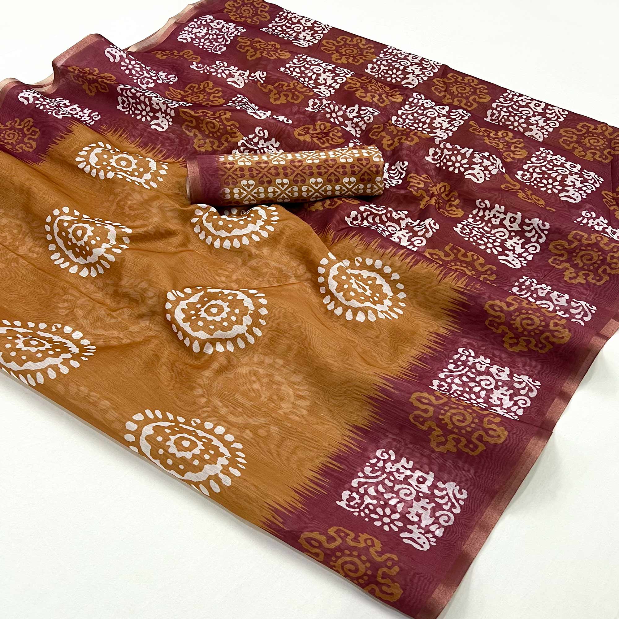 Brown & Wine Digital Printed Linen Saree With Zari Border