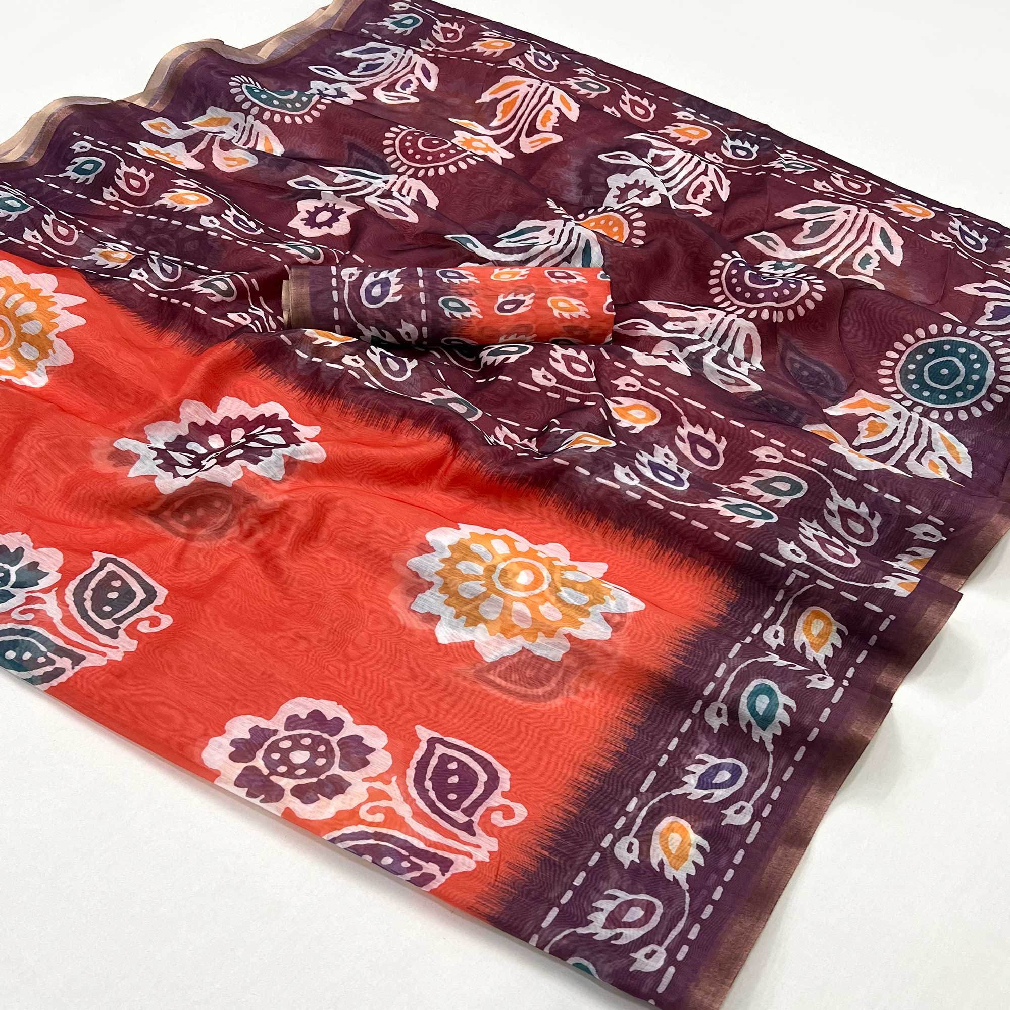 Reddish Orange Digital Printed Linen Saree With Zari Border