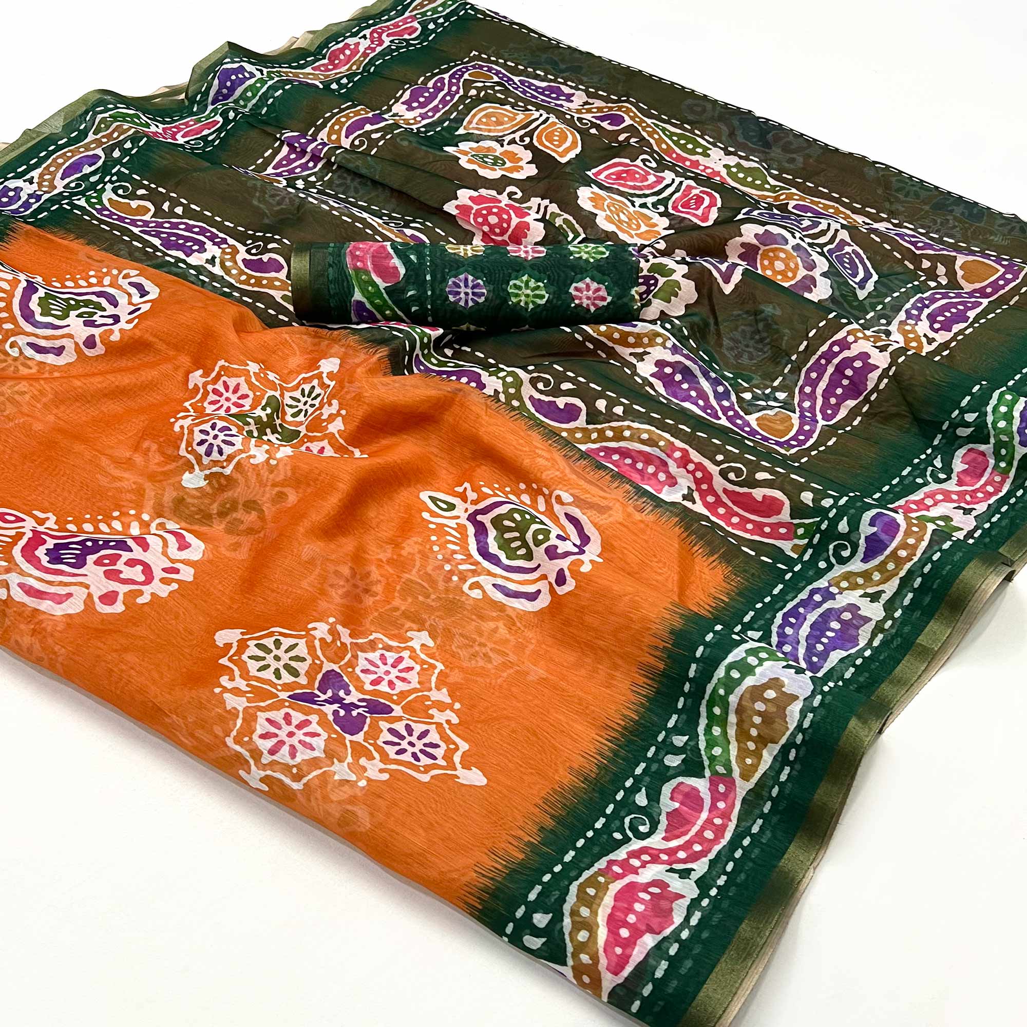 Orange & Green Digital Printed Linen Saree With Zari Border