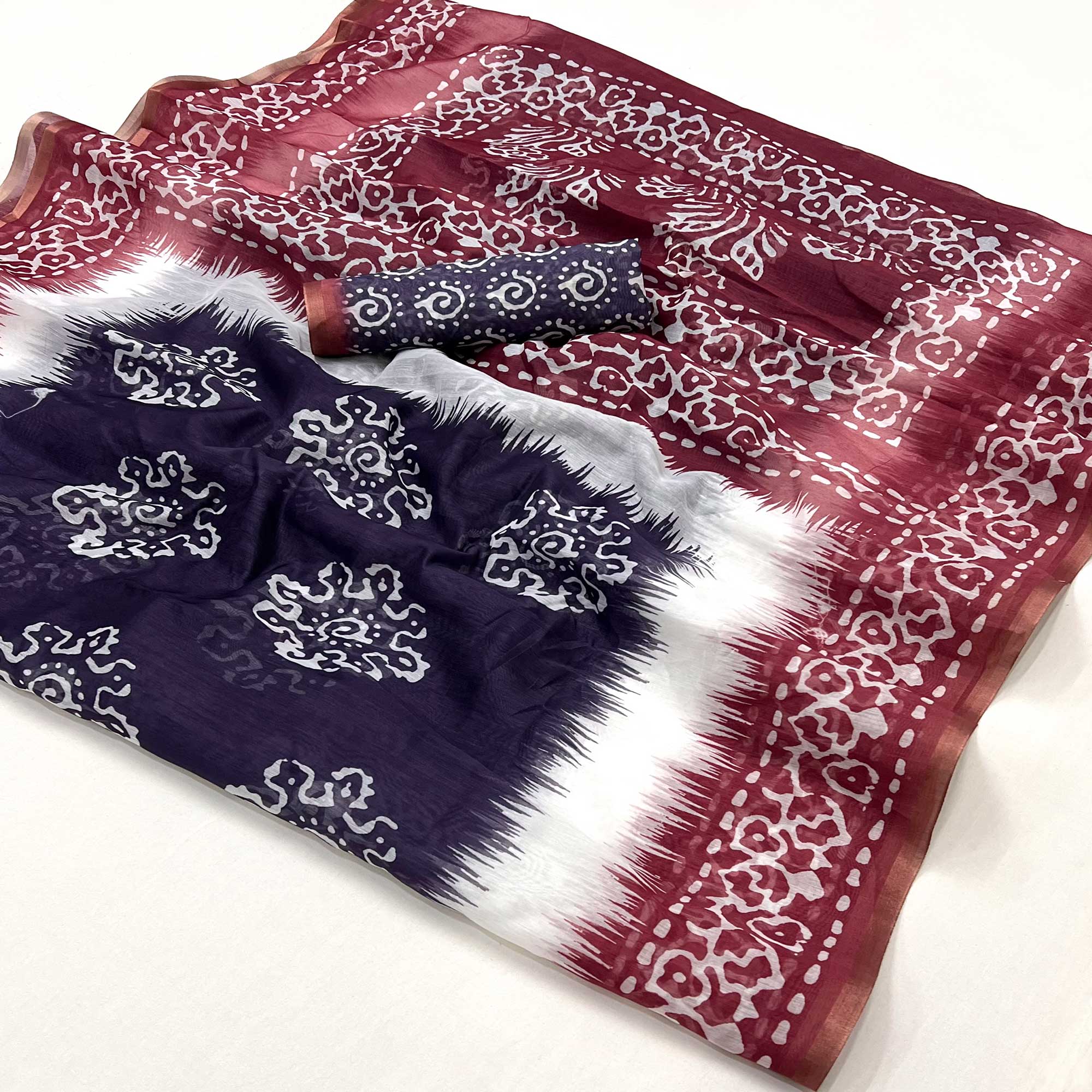 Blue & Maroon Digital Printed Linen Saree With Zari Border