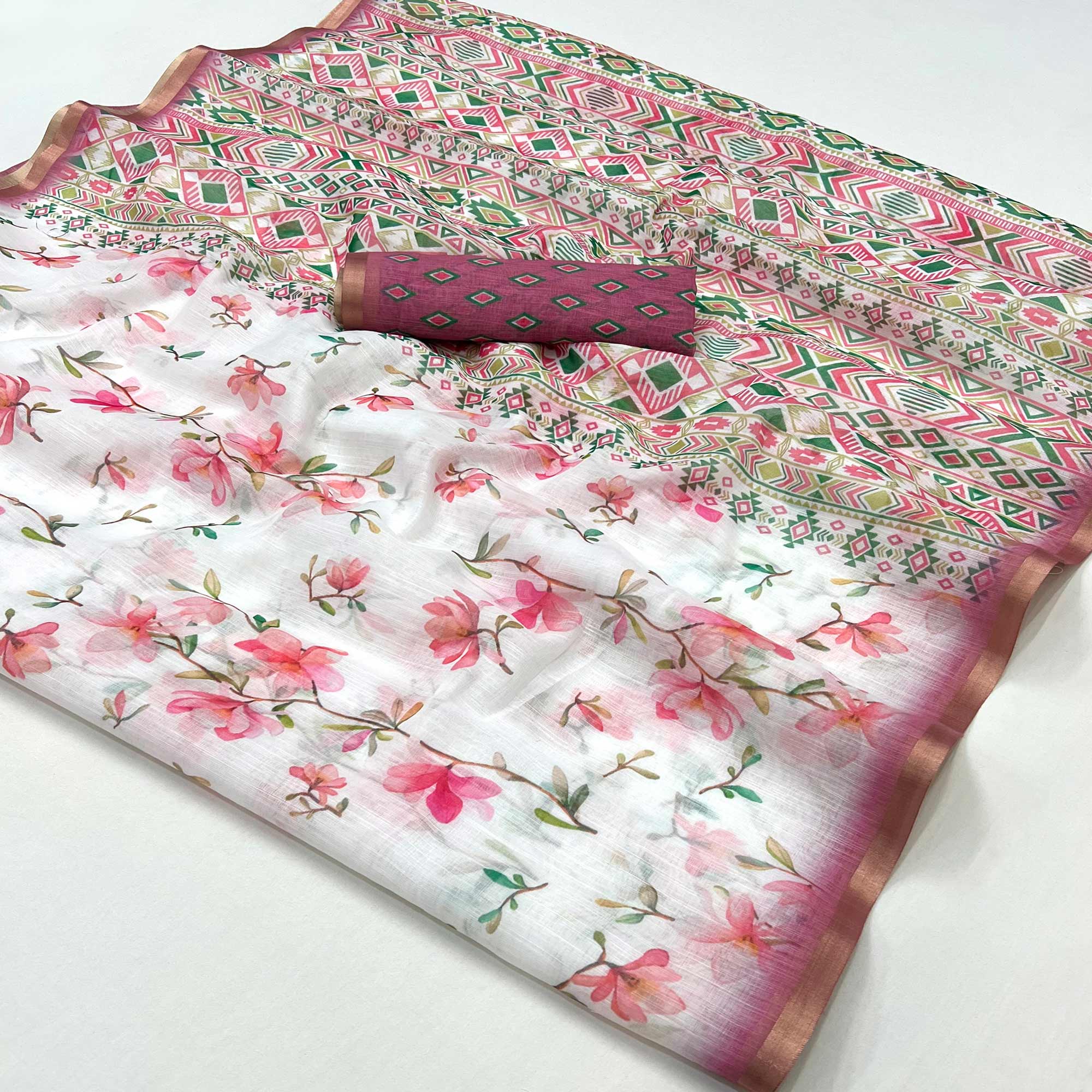 White & Pink Floral Digital Printed Linen Saree With Zari Border