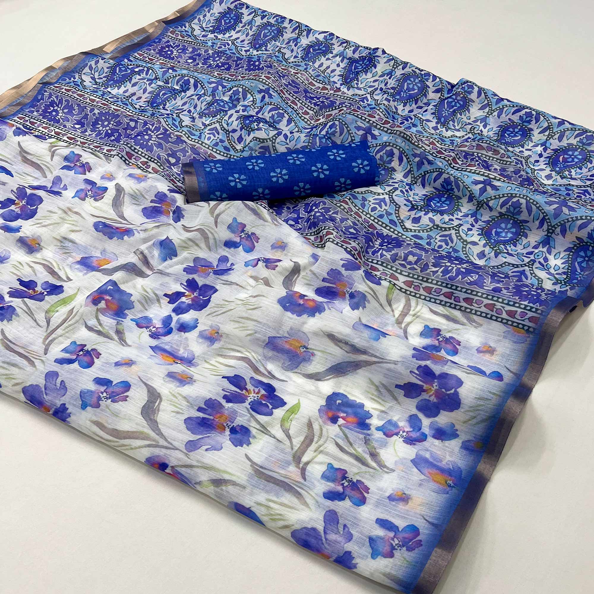 White & Blue Floral Digital Printed Linen Saree With Zari Border