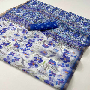 White & Blue Floral Digital Printed Linen Saree With Zari Border