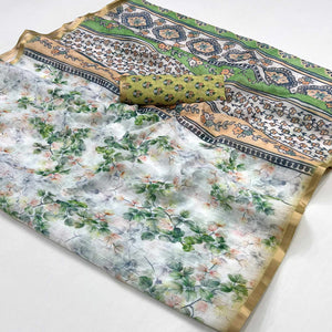 White & Green Floral Digital Printed Linen Saree With Zari Border
