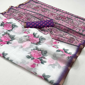 White & Pink Floral Digital Printed Linen Saree With Zari Border