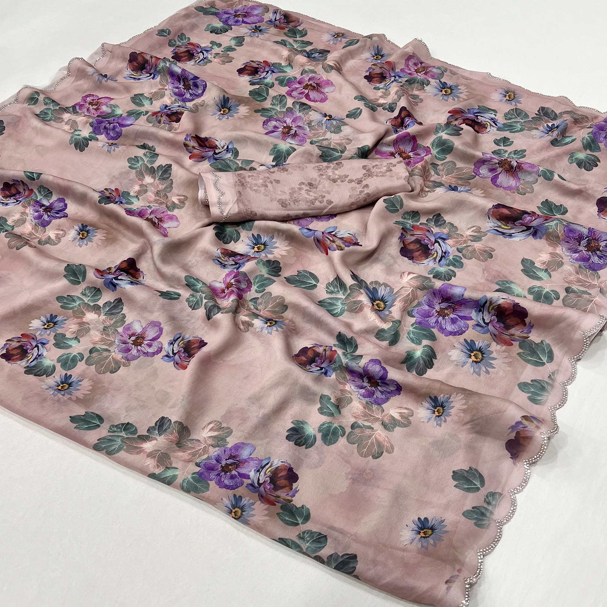 Dusty Peach Floral Digital Printed Georgette Saree With Stonework Border