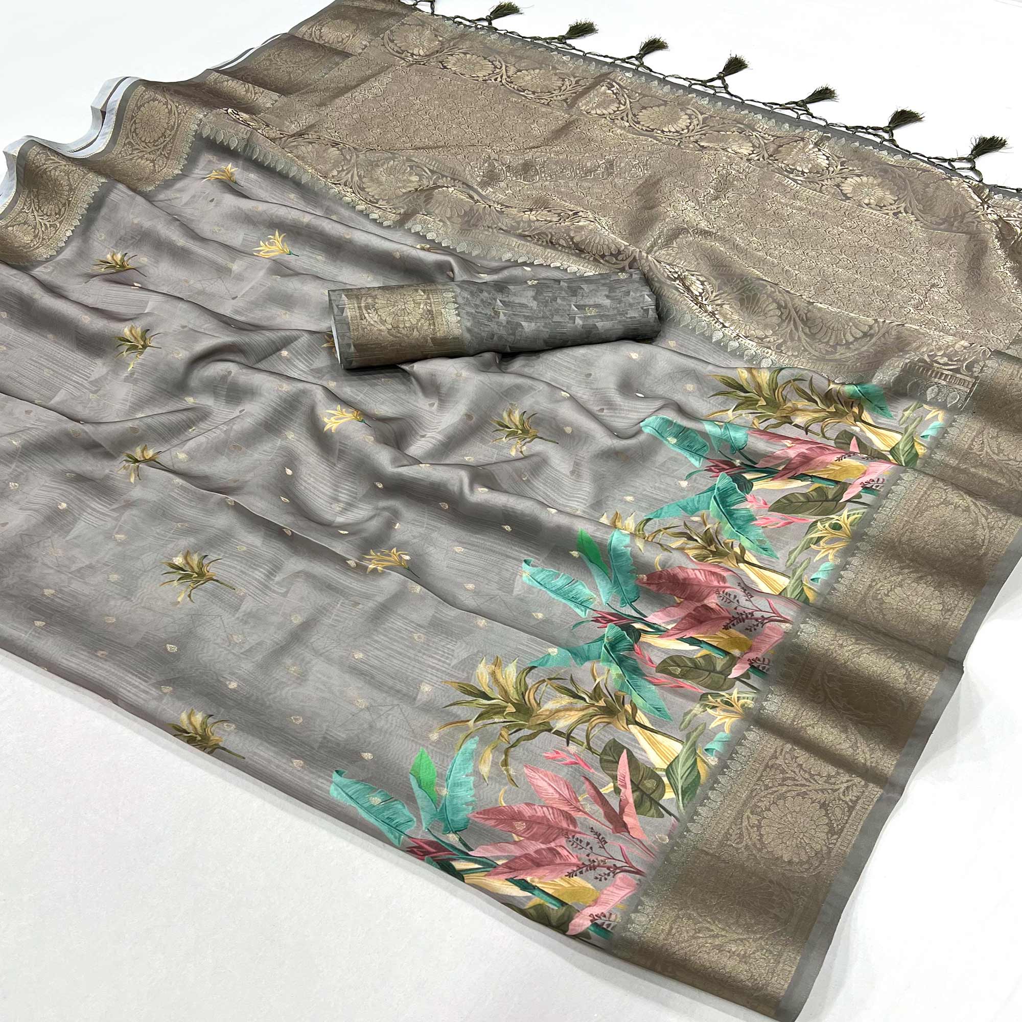 Grey Floral Woven With Digital Printed Satin Saree