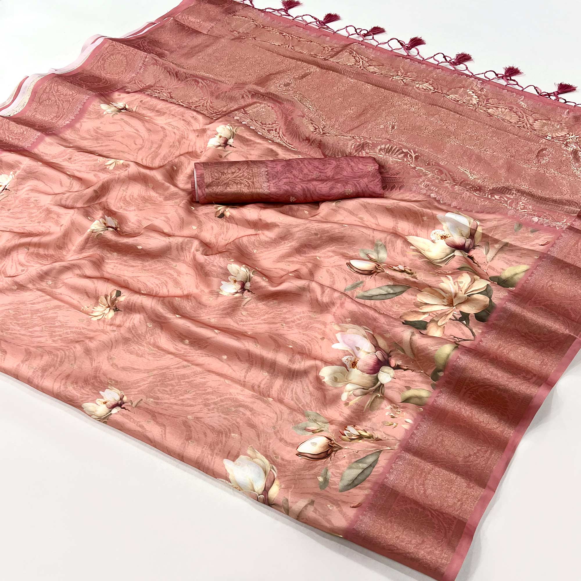 Peach Floral Woven With Digital Printed Satin Saree