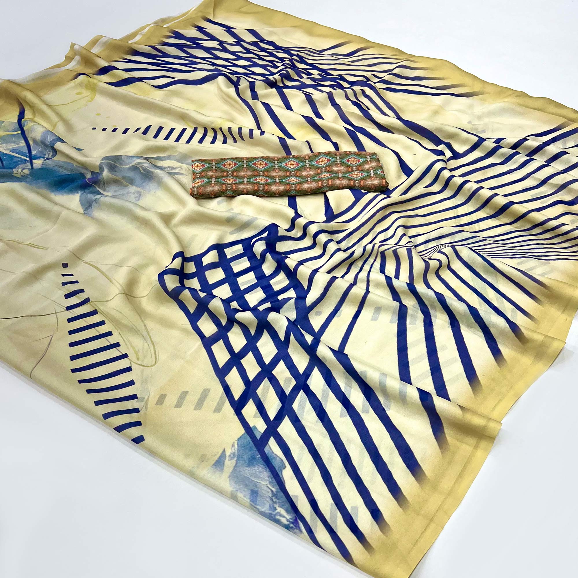 Light Yellow Digital Printed Georgette Saree